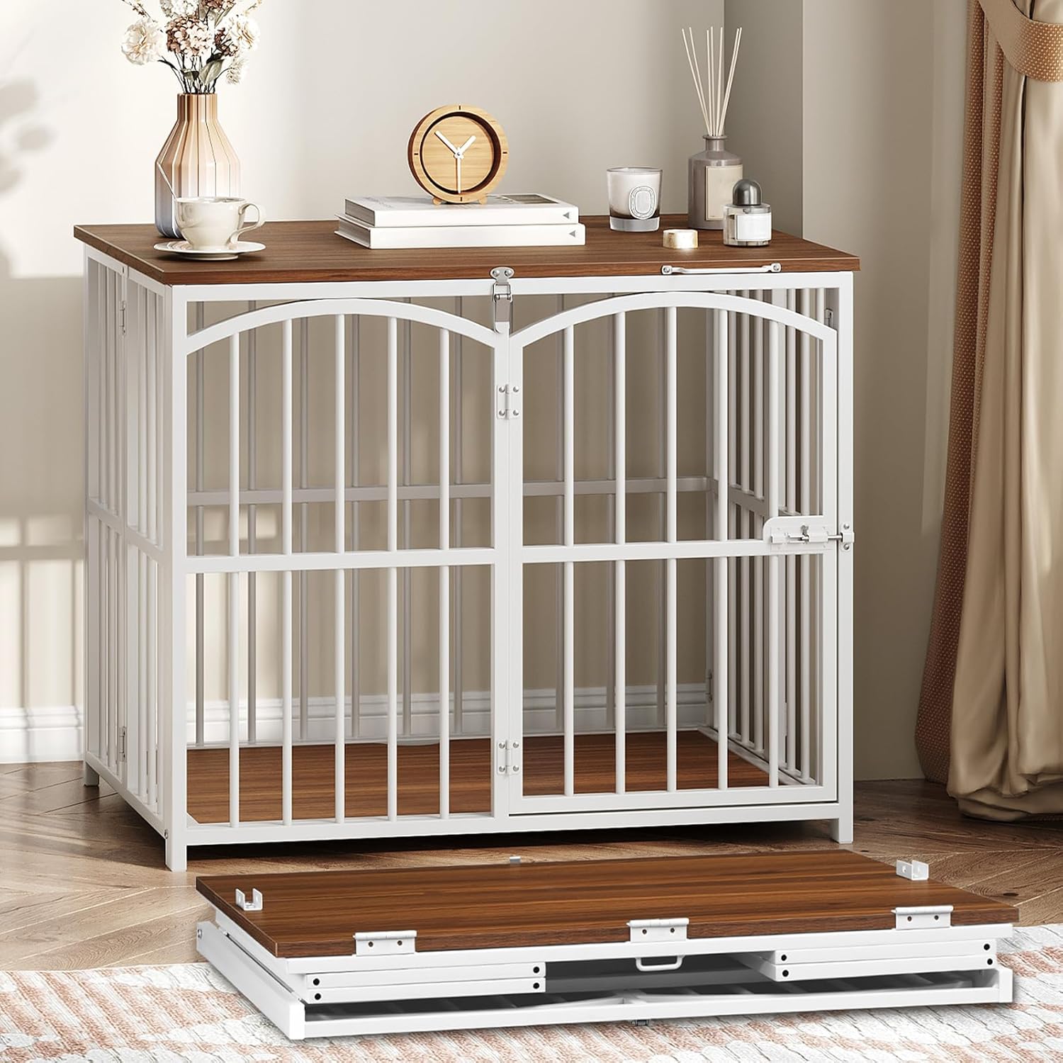 (Similar item). HOOBRO Foldable Dog Crate Furniture, 31.5\" Indoor Dog Kennel No Assembly, Wooden Dog Cage Decorative Side End Table, for Medium Small Dogs, White and Walnut WH86GW03