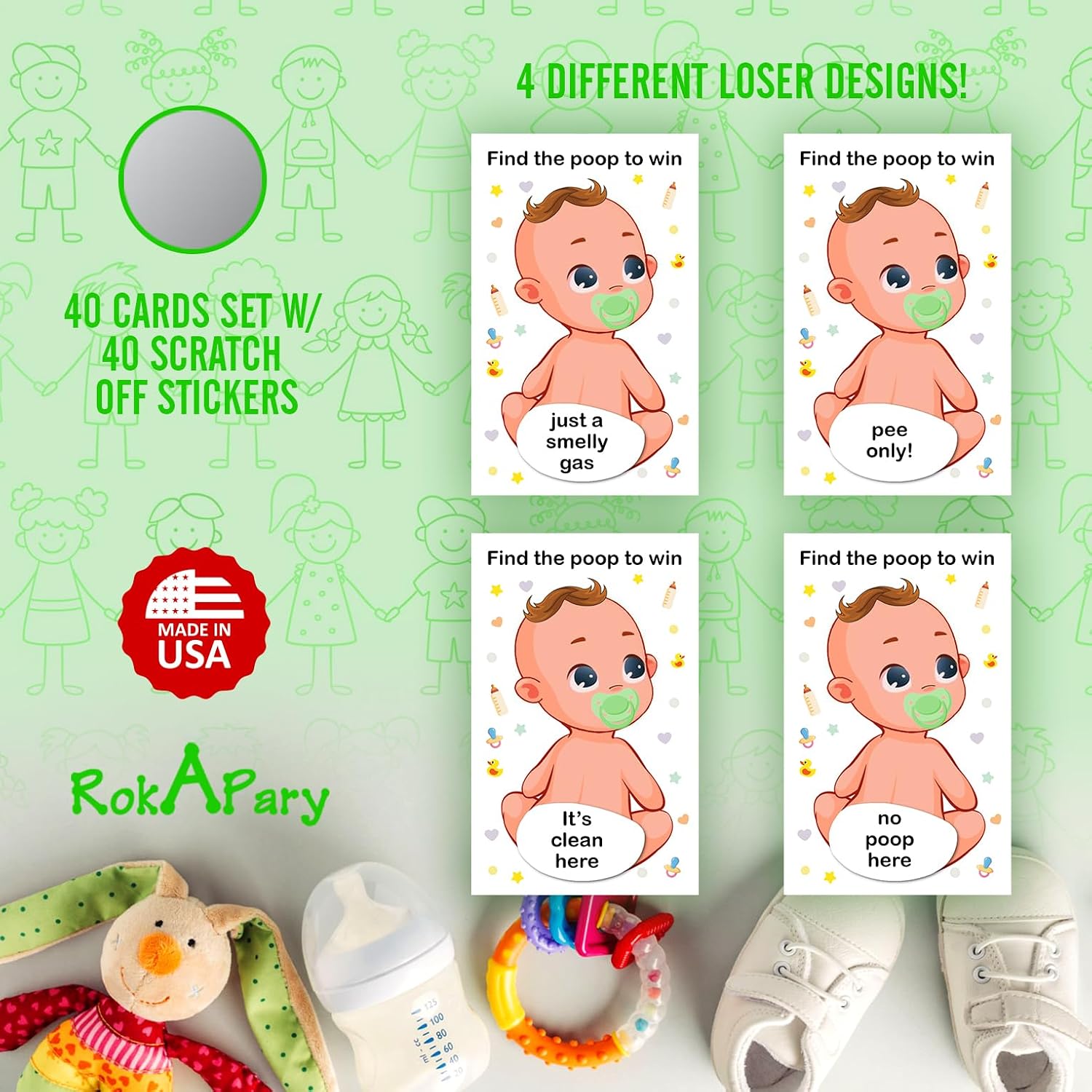 RokAPary Gender Neutral Poop Baby Shower Scratch Off Game, Easy to Play Silly Games, Funny Idea, Ice Breaker Activity. DIY Raffle Cards, Green Pacifier, Set of 40 Cards Made in USA image 4