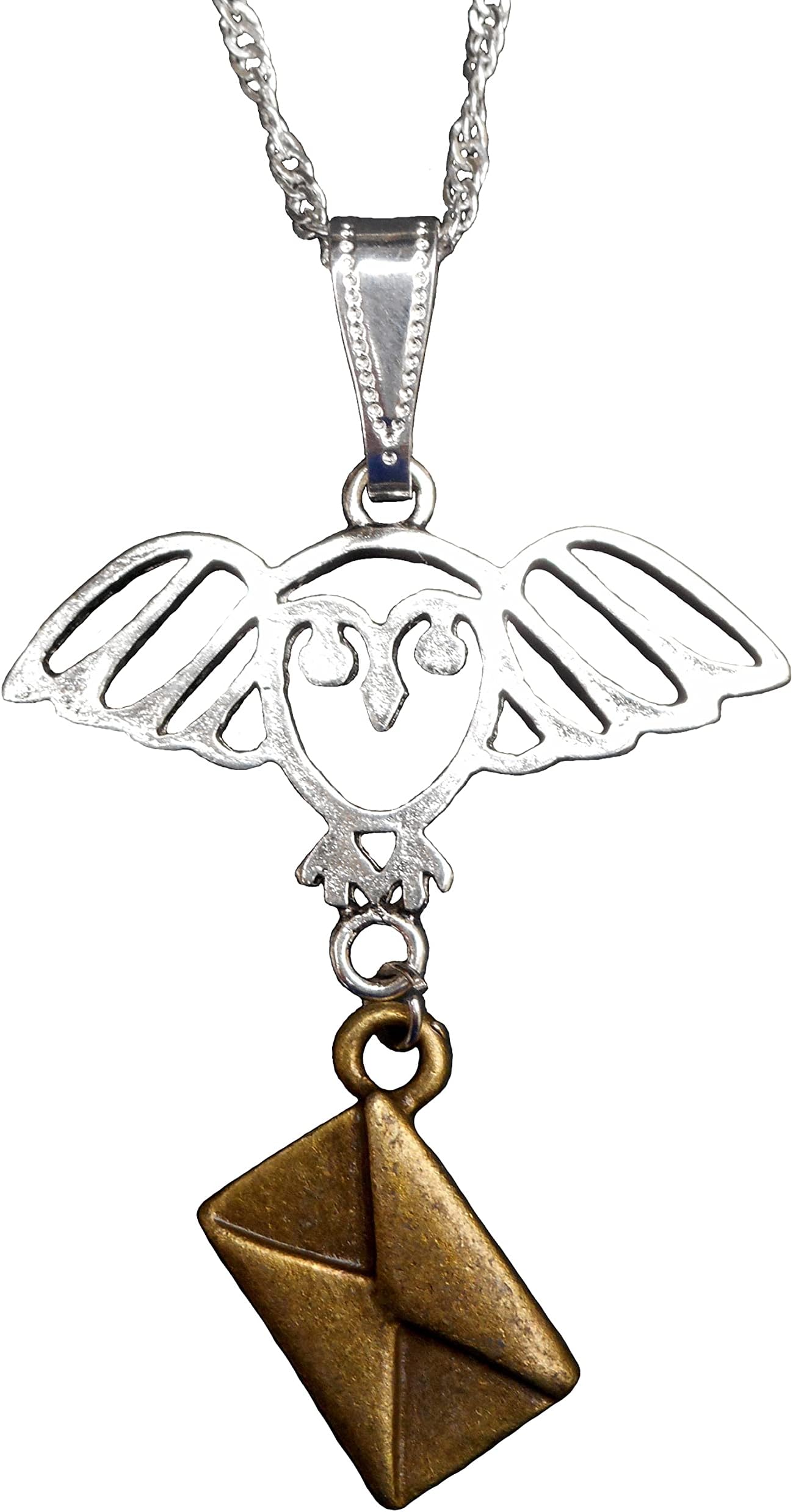 Magic Flying Owl with Letter Pendant Necklace, Avian Bird Jewelry Teacher Bookworm Geek Fantasy Gift