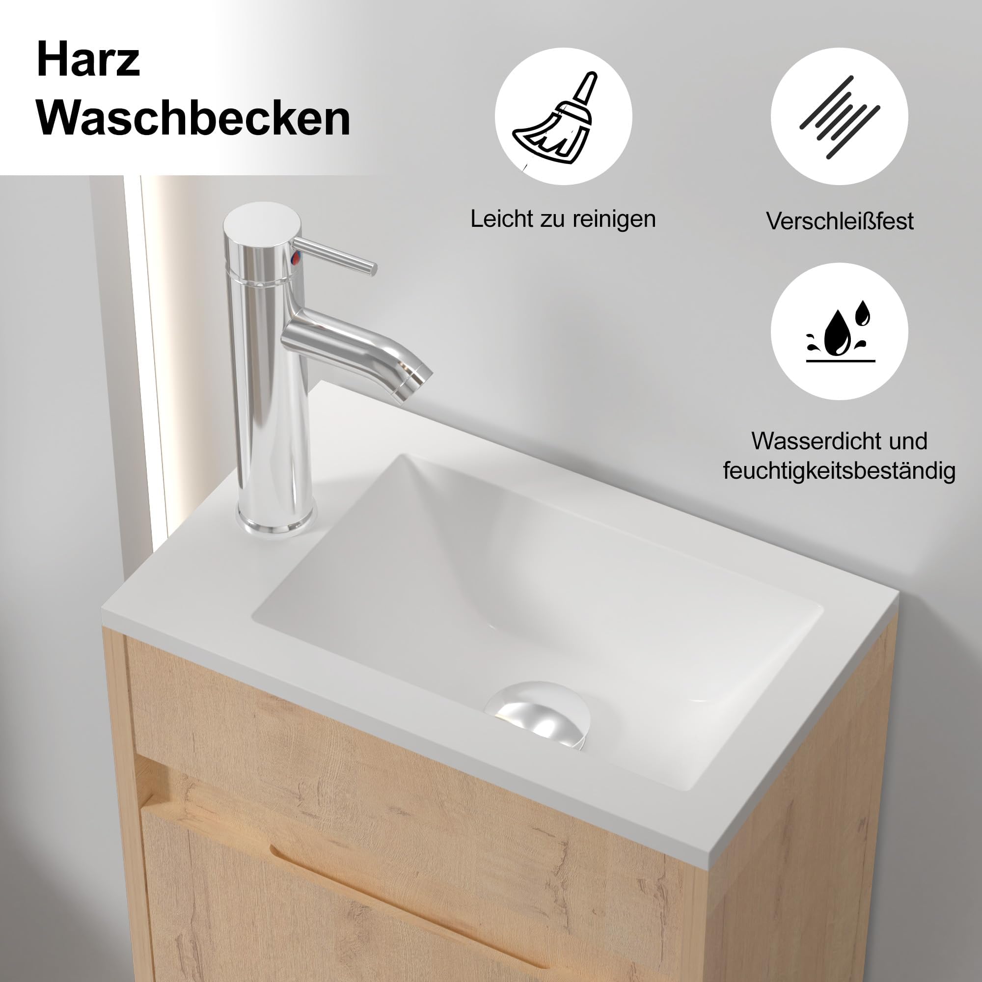UEV Umywalka z szafką pod umywalkę 40,6 cm, WC dla gości, kolor naturalny | Umywalka z szafką pod umywalkę, wisząca szafka pod umywalkę, zestaw mebli łazienkowych do małej łazienki