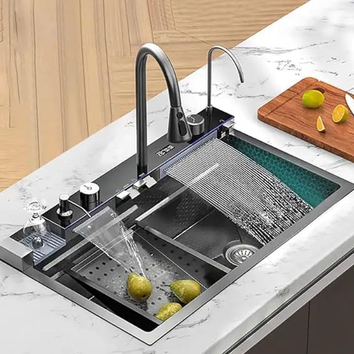 SeBURRY® Luxurious 30x18x9 Inch Anti Scratch Honeycomb Design Kitchen Sink | 5-Piano Switch with Waterfall and Pull-Down Faucet | 304 Grade Steel Sink with LED Digital Display & RO Tap