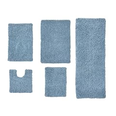 Extra Absorbent Multi Sized Light Blue Bathroom Rugs Set 5 Piece with Pretty Hand Tufted Shaggy Design Non