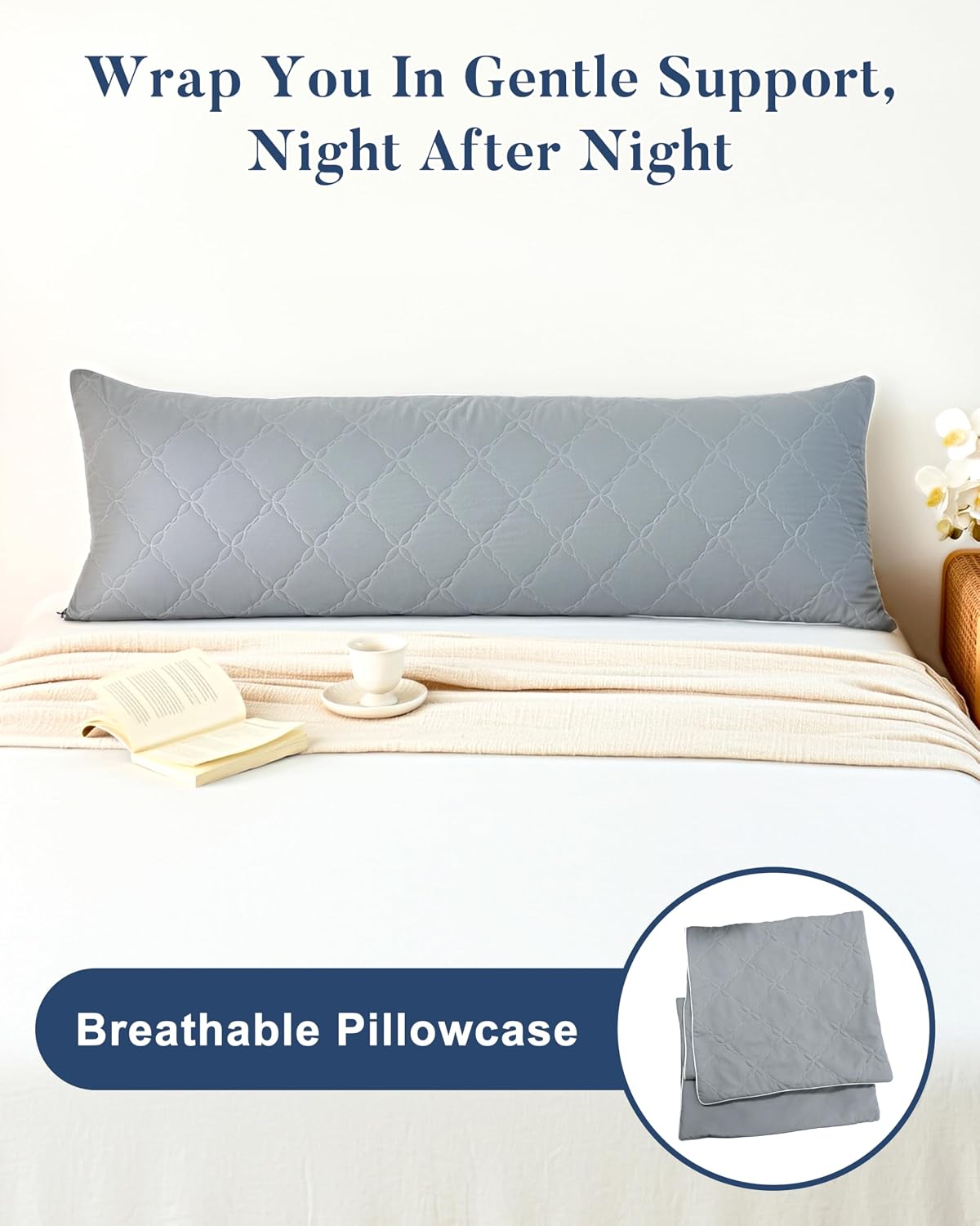 YZ HOME Body Pillow for Adults - Firm Body Pillow with Petal Quilted Cover,Shredded Blue Memory Foam, Adjustable Height, Soft Support for Side Sleeping, Pregnant Women, Washable (Grey, 20x54 Inch)