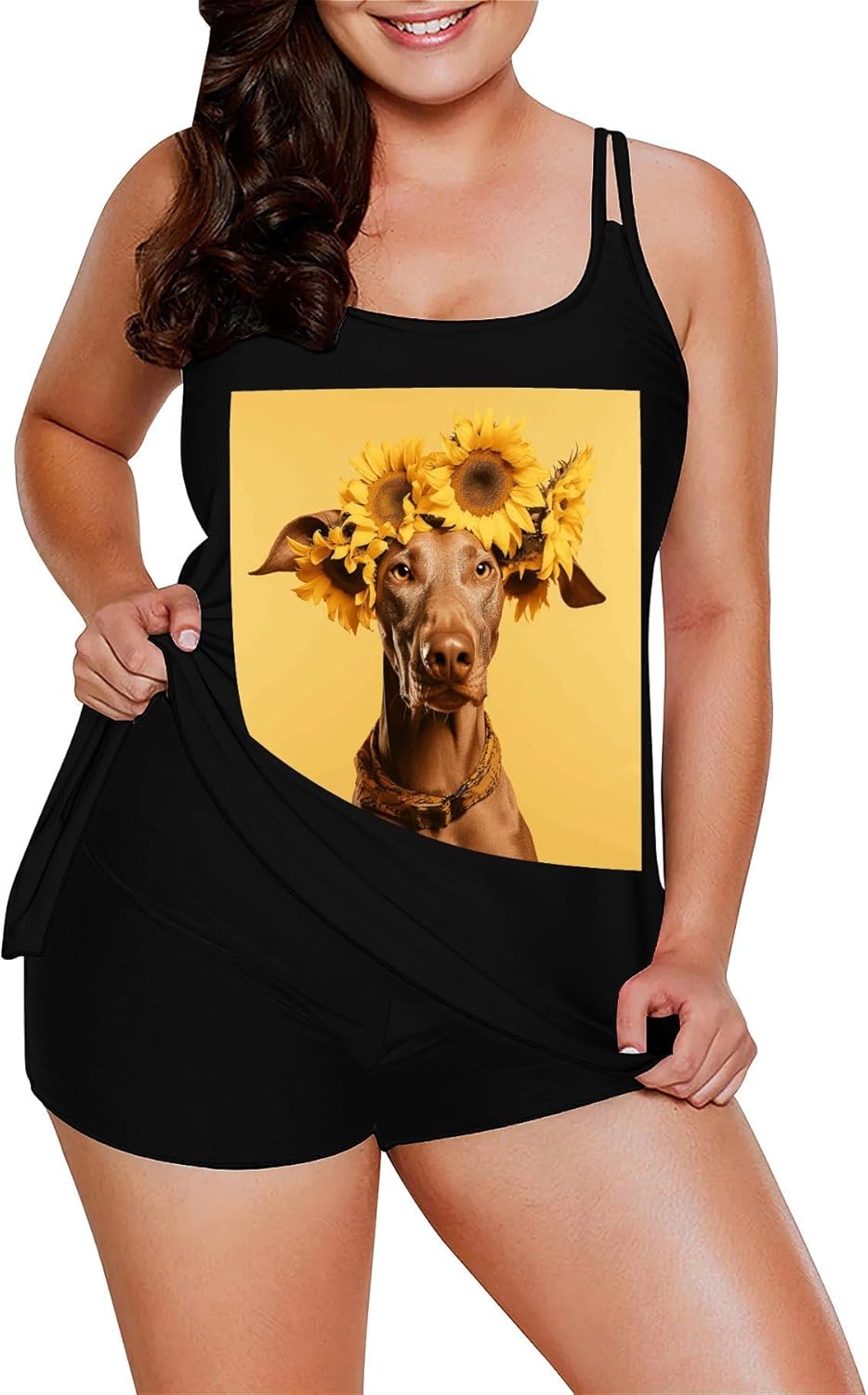 Sunflower and Dog Tankini Swimsuits for Women Tummy Control Two Piece Bathing Suits Swim Tops with Boy Shorts
