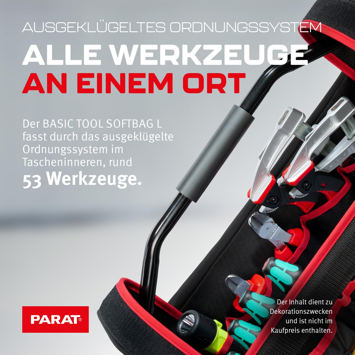 PARAT Basic Tool Softbag L - Bolsa de herramientas con capacidad de 32 l y 51 espacios para herramientas, resistente bolsa de herramientas de nailon con correa para el hombro y asas de transporte