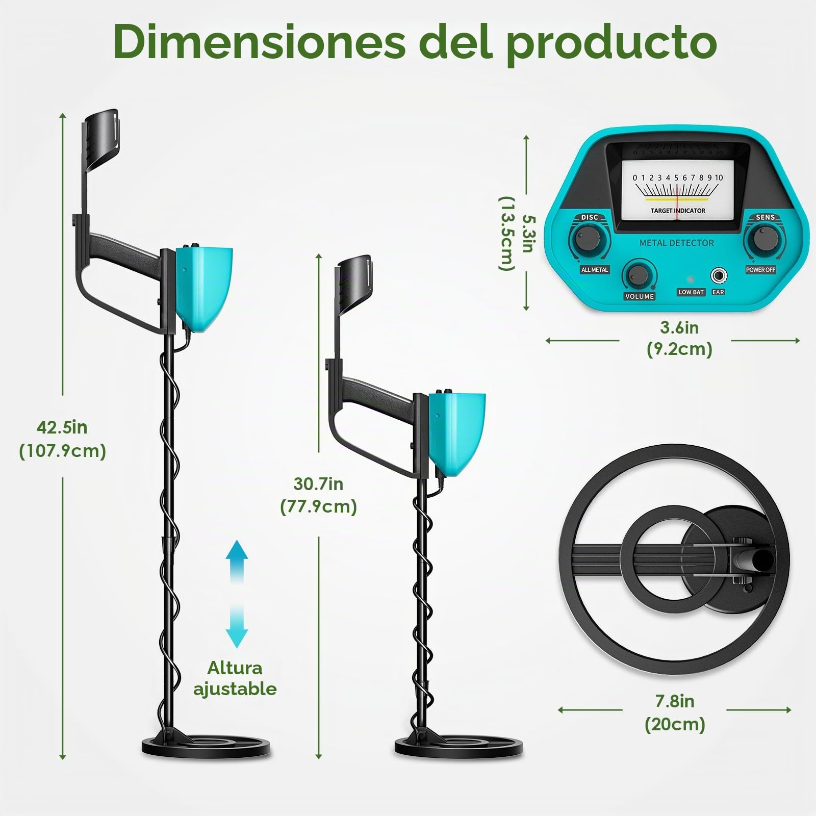 Detectores de Metales Alta Precisión Altura Ajustable, Detectores de Metales Profesionales a Prueba de Agua de 25 cm con Niños y Adultos, Batería Recargable