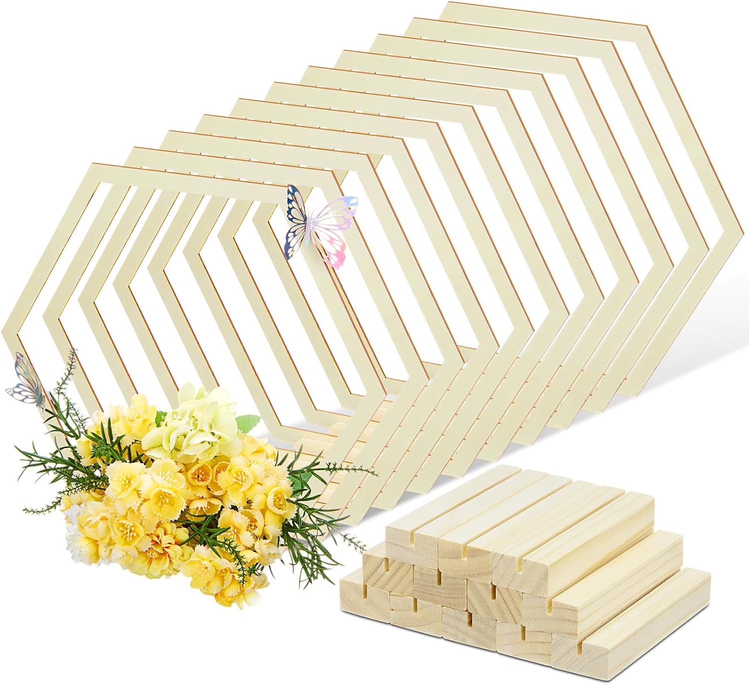 Gerrii 12 Pack Wooden Hexagonal Floral Hoops with Stand 12 Inch Wood Hexagon Centerpiece Table Decoration for Wedding Honeycomb Beehive Decor DIY Birthday Party Baby Shower Wreath, Candle Rings