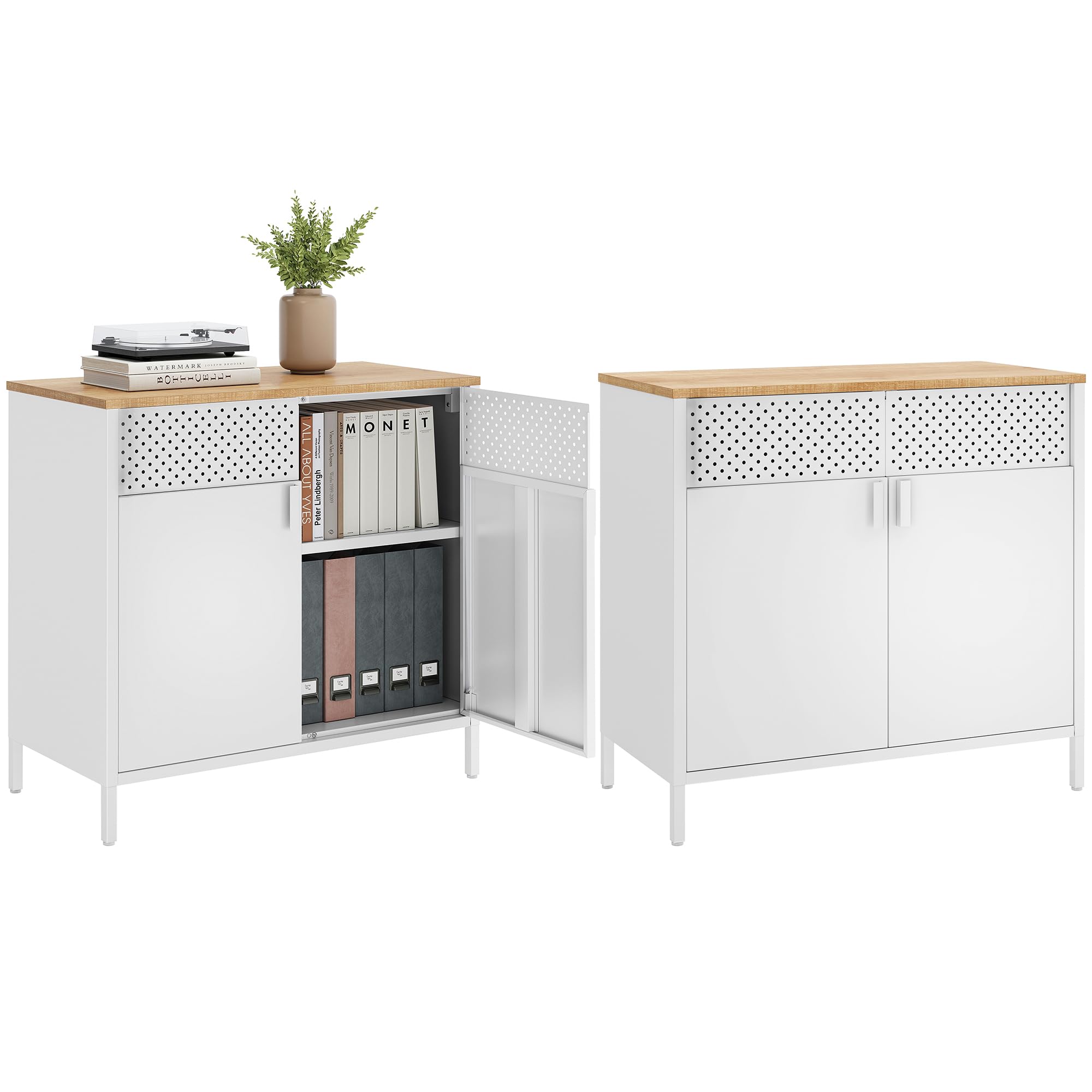 SONGMICS Set of 2 Storage Cabinets, Metal Cabinet, Sideboard with 2 Doors, 15.7 x 31.5 x 29.9 Inches, Magnetic Closure, Adjustable Shelf, Steel Frame,