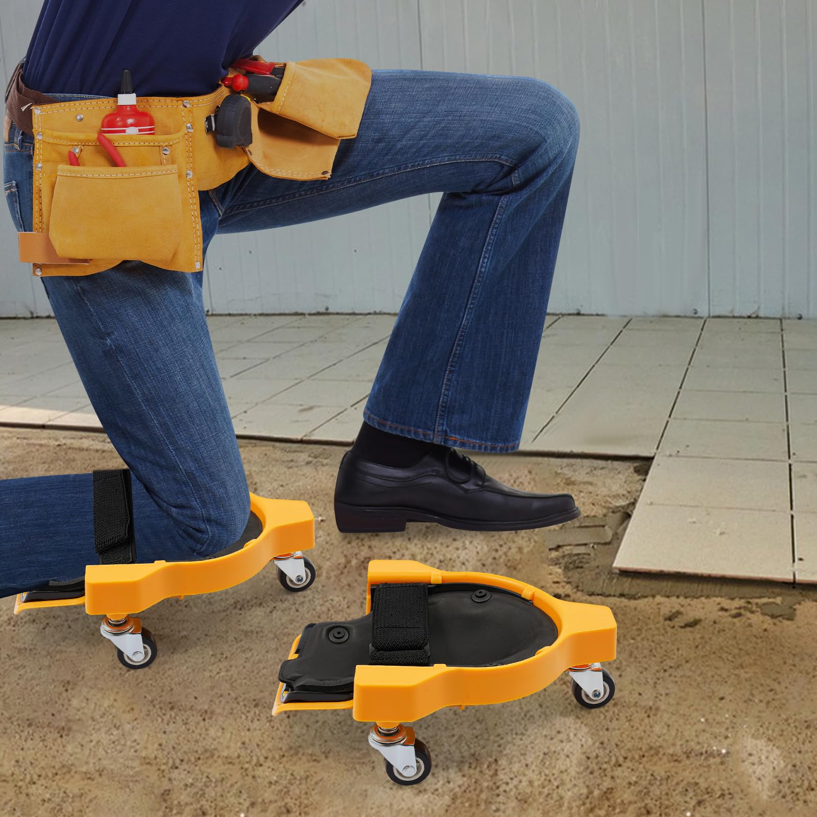 Lot de 2 genouillères roulantes avec 3 roues à 360 degrés et coussins en gel confortables, genouillères pour le travail, le chantier, avec sangles réglables, jaune