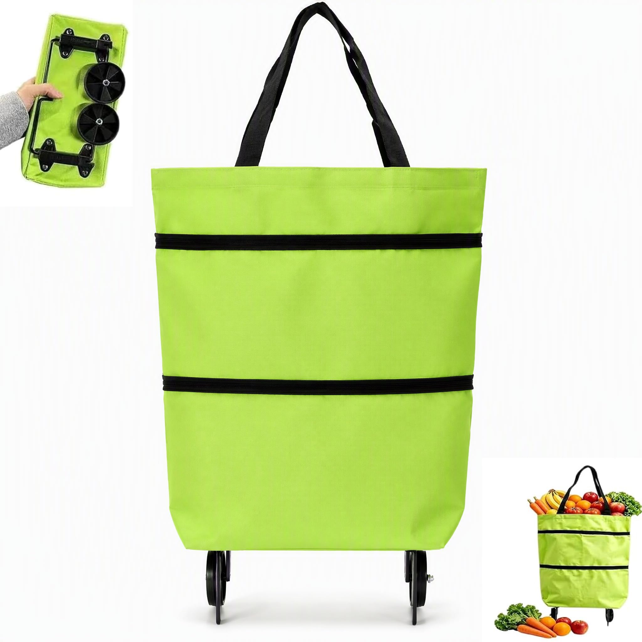 2-in-1 Foldable Shopping Cart on Wheels Oxford Cloth Grocery Trolley, Green