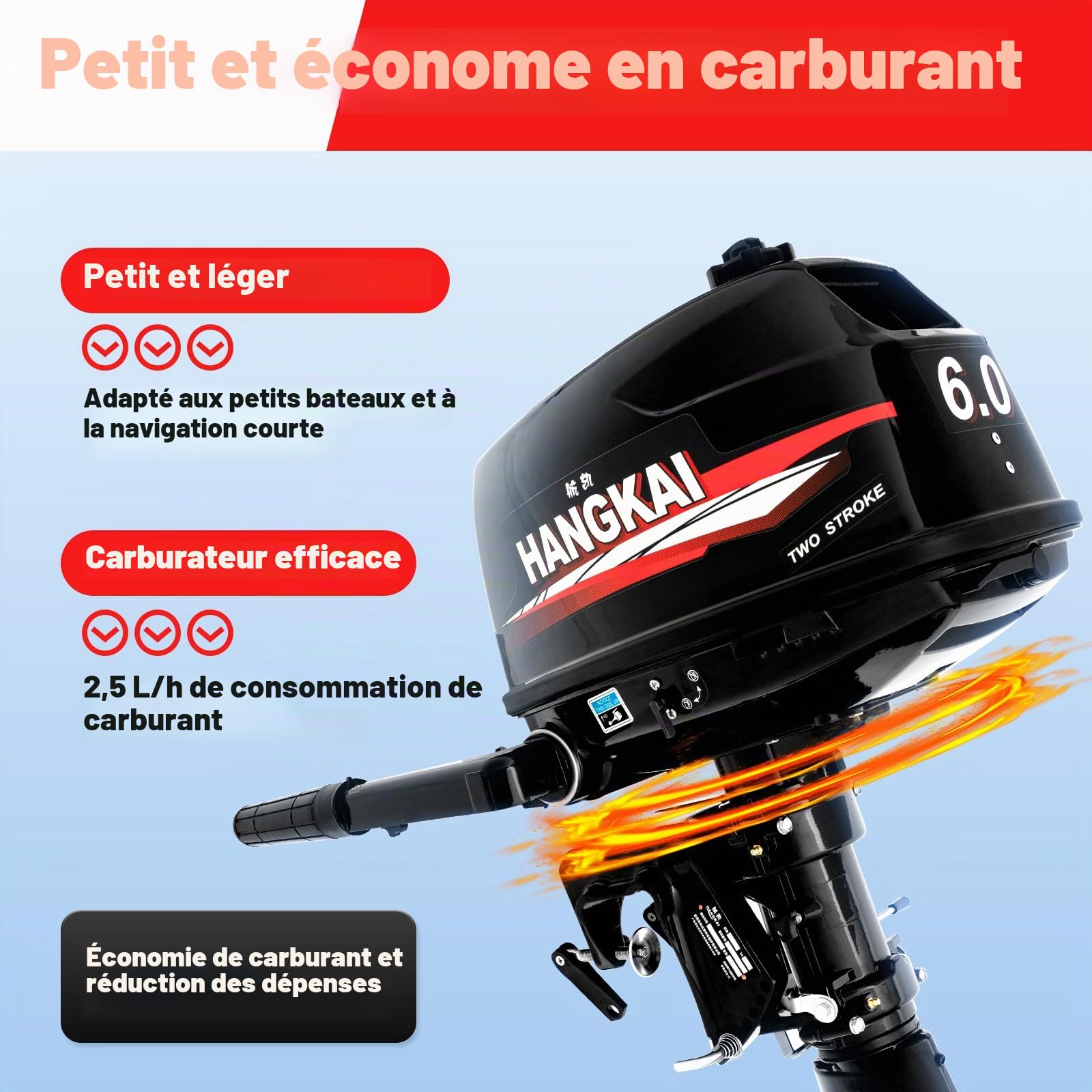 Moteur à essence hors-bord 6 CV 2 temps avec refroidissement par eau et allumage CDI, convient pour bateau pneumatique, bateau de pêche, voilier, yacht, bateau de pêche à la ligne, bateau à moteur