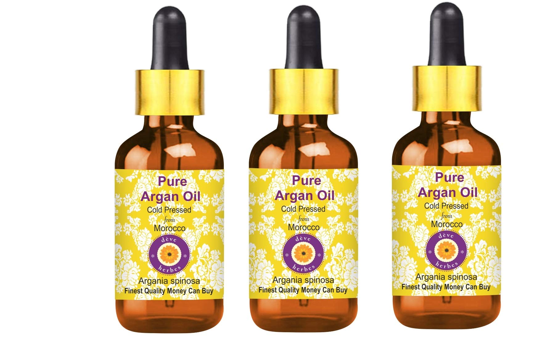 Deve Herbes Olio di argan puro (marocchino) (argania spinosa) con contagocce in vetro, qualità terapeutica naturale, pressato a freddo, 100 ml x 3 (10 oz)