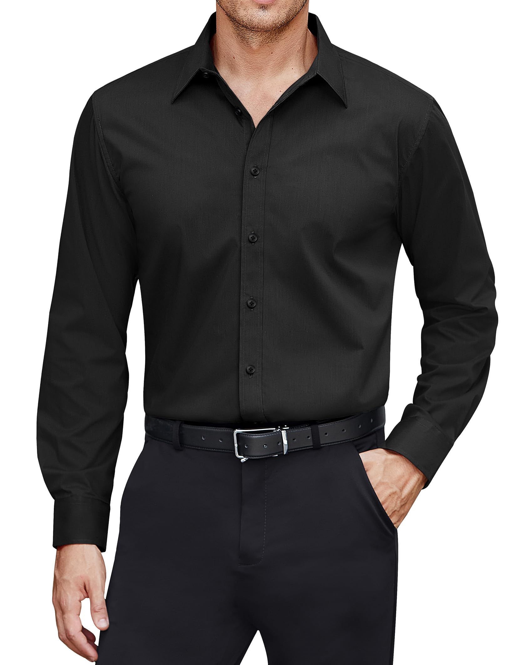J.VER Herren Hemd Regular Fit Fleckenschutz Langarmhemd Unifarben Freizeithemd Stretch Arbeit Dating Herrenhemden,Schwarz,M