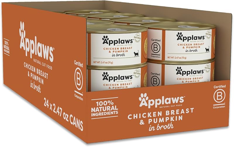 Ração úmida para gatos Applaws de frango com abóbora em caldo, ingredientes limitados, 24 latas de 70 g