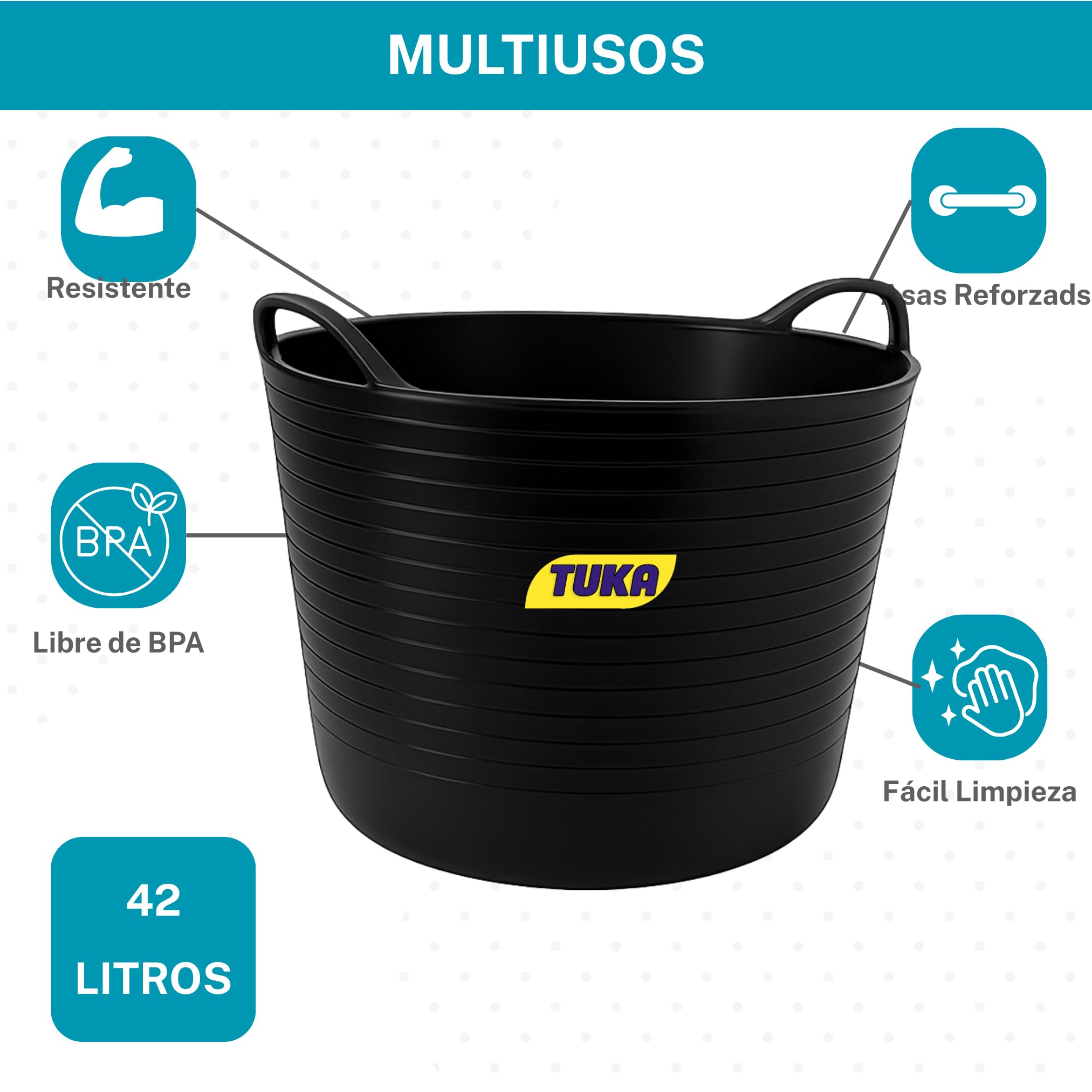 TUKA Pack de 2 Capazos de Plástico 42L Negro Profesional Resistente Multiusos