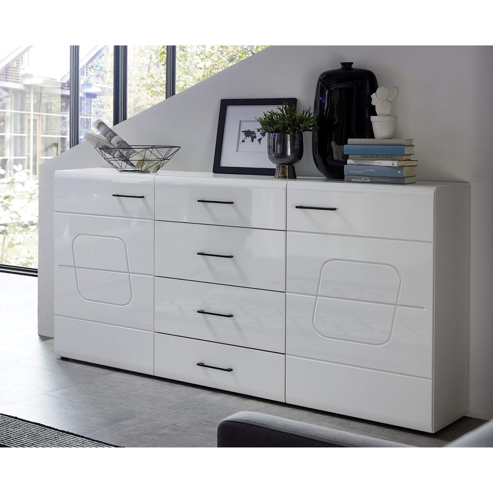 Stella Trading SPIRIT PLUS Sideboard in Hochglanz Weiß - Moderne Kommode mit viel Stauraum für Ihr Wohnzimmer - 170 x 94 x 42 cm (B/H/T)