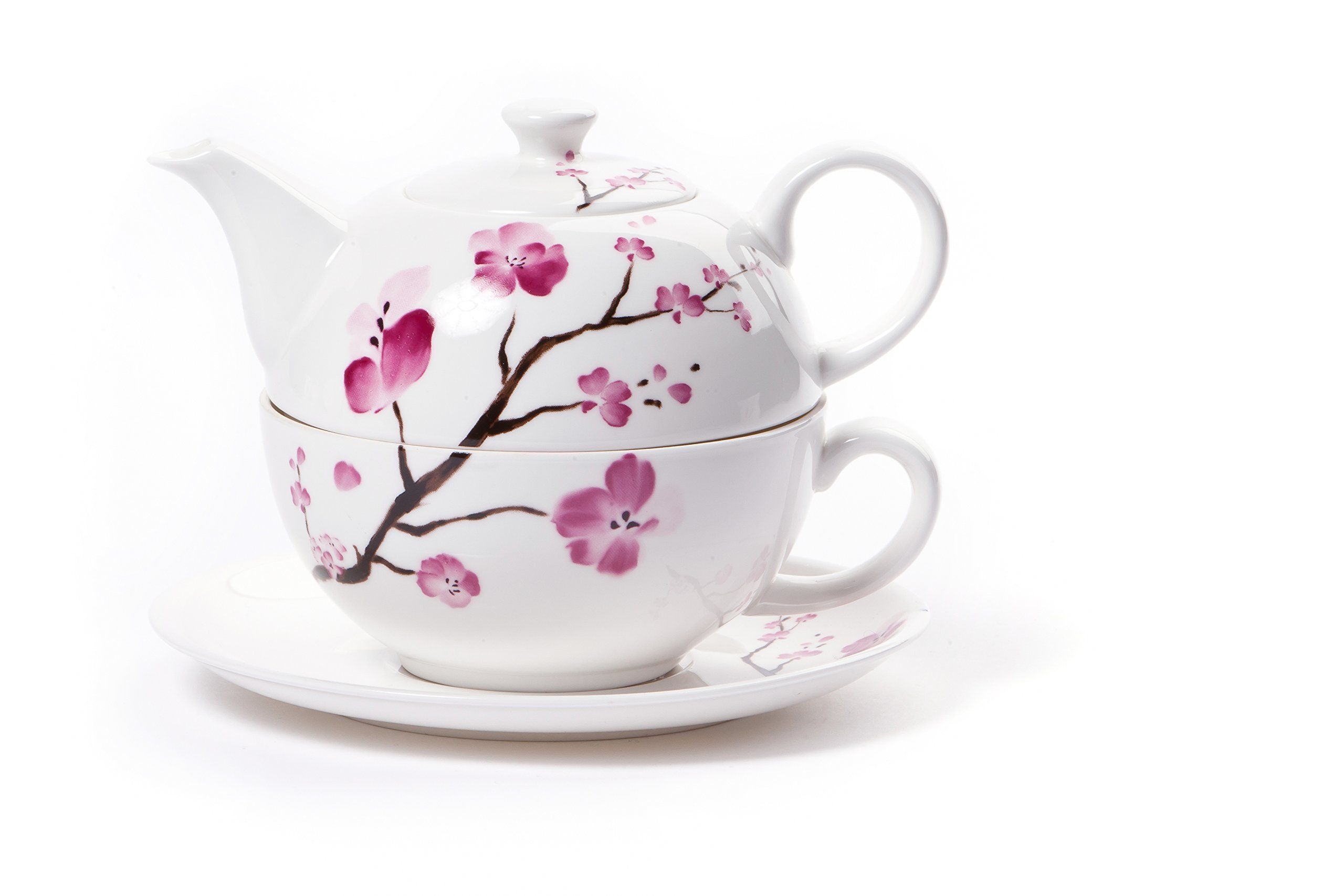 Shamila Service à thé 'cerisier en fleurs' - 3 pièces, théière 0,5 L, tasse 0,25 L, porcelaine à la cendre d'os, blanc