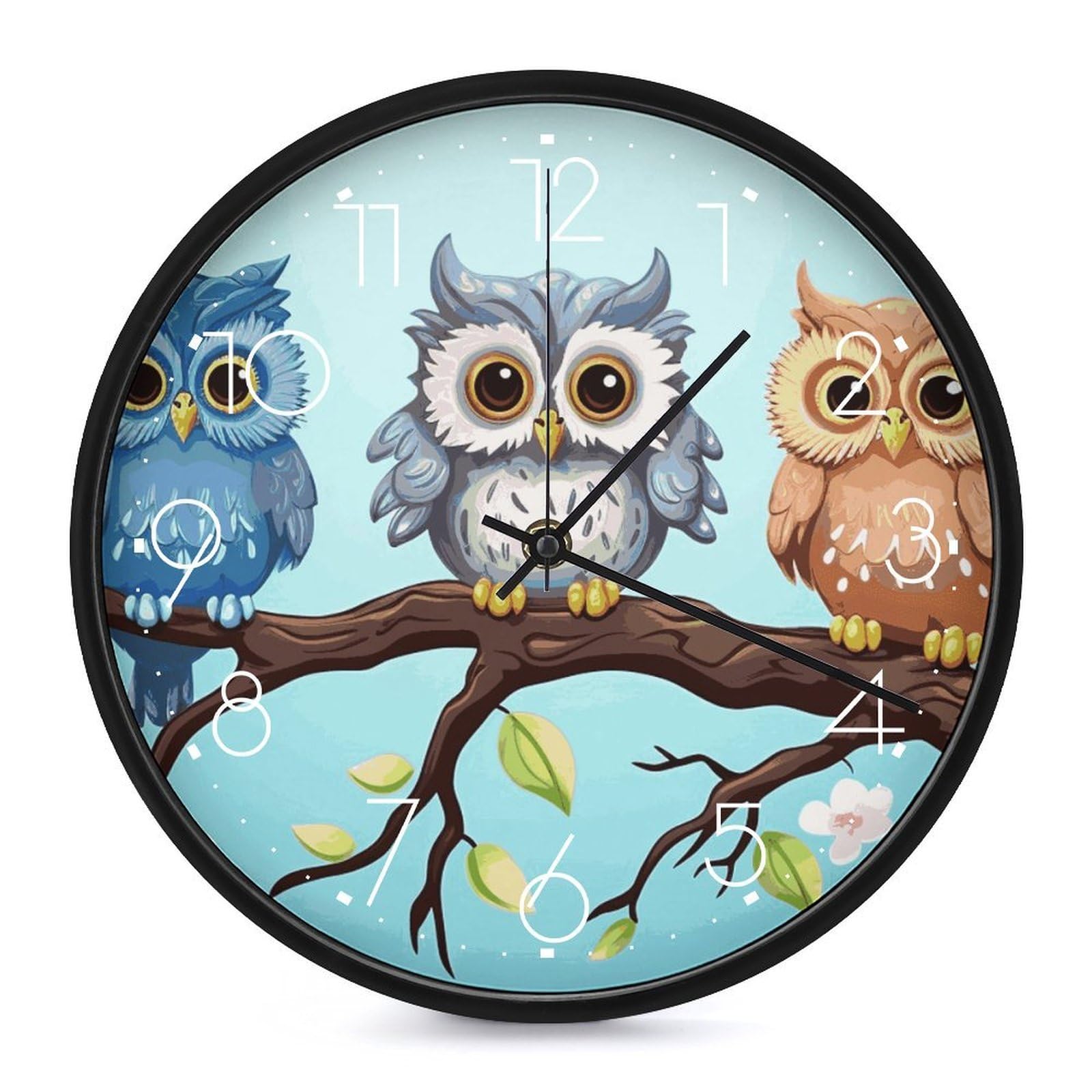 DWVTSLH Owls on A Branch Wall Clock 10 Inch Silent Non-Ticking Modern Clocks Battery Operated - Decorative Wall Clocks for Bedroom Living Room Kitchen Office Wall Decor Gift Idea