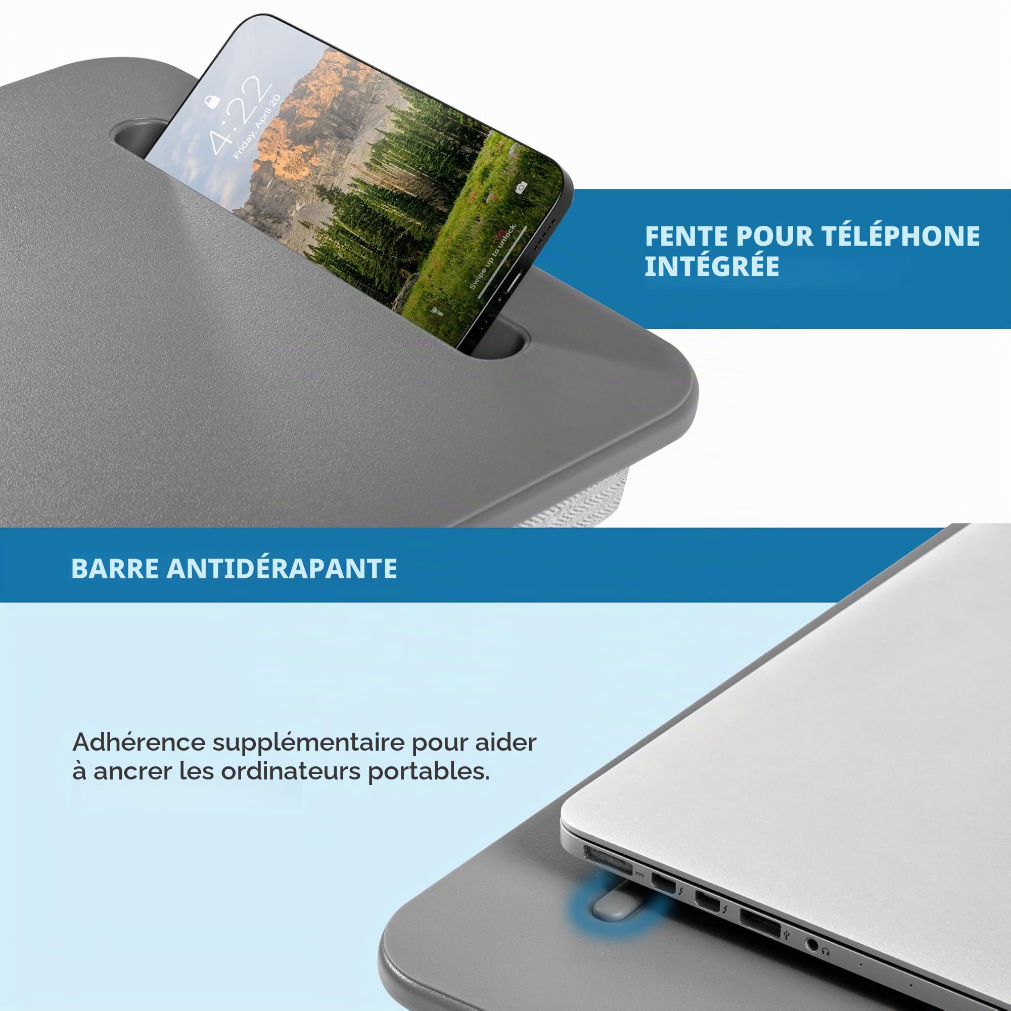 LAPGEAR Sidekick Bureau de Genoux avec Tablette de Maintien pour Appareil et Support pour téléphone, Compatible avec Ordinateurs Portables Jusqu’à 15,6" - Gris 44215
