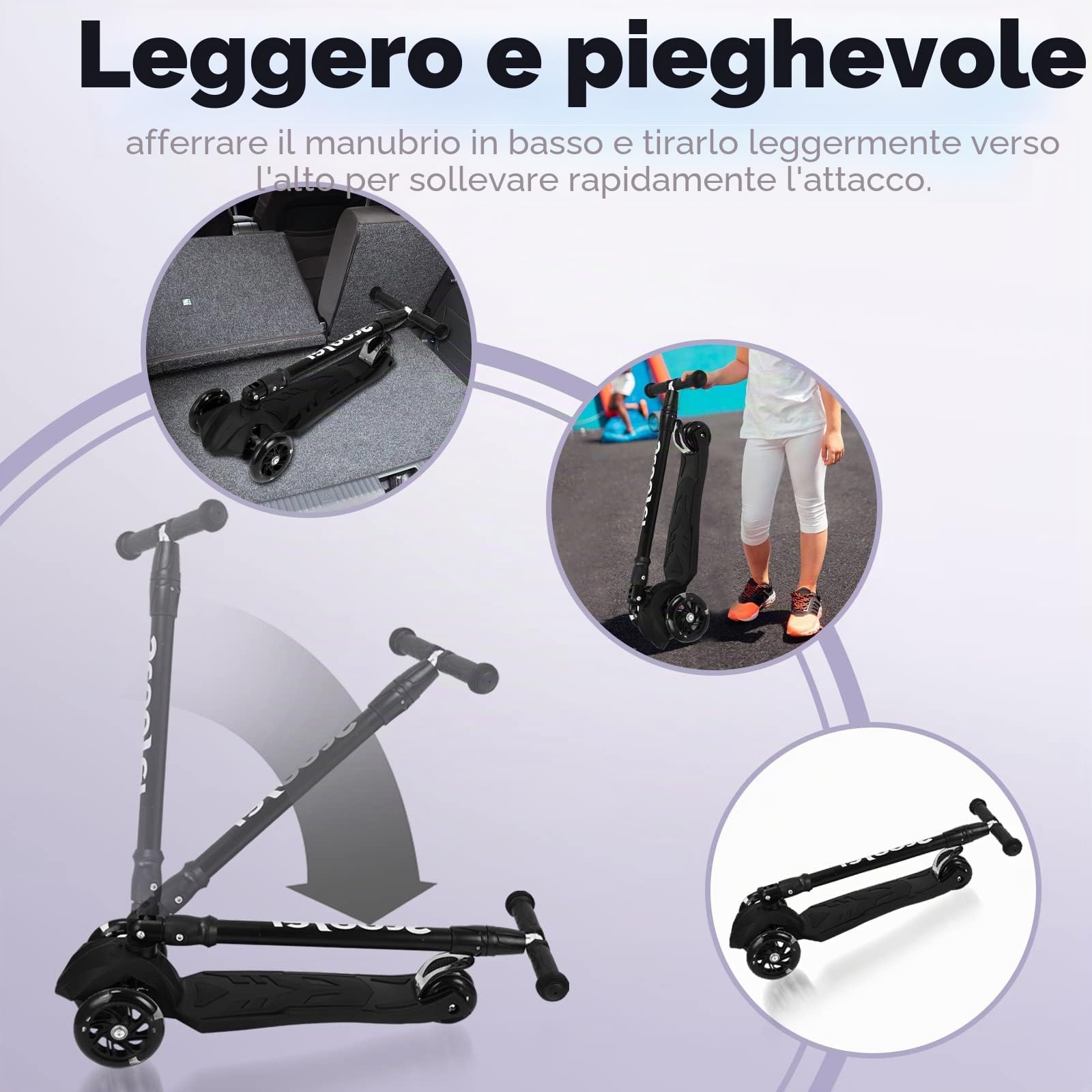 Sonnewelt Monopattino pieghevole per bambini, con 3 ruote a LED e manubrio regolabile in altezza, freni posteriori, fino a 50 kg, per scooter bambini dai 3 ai 14 anni
