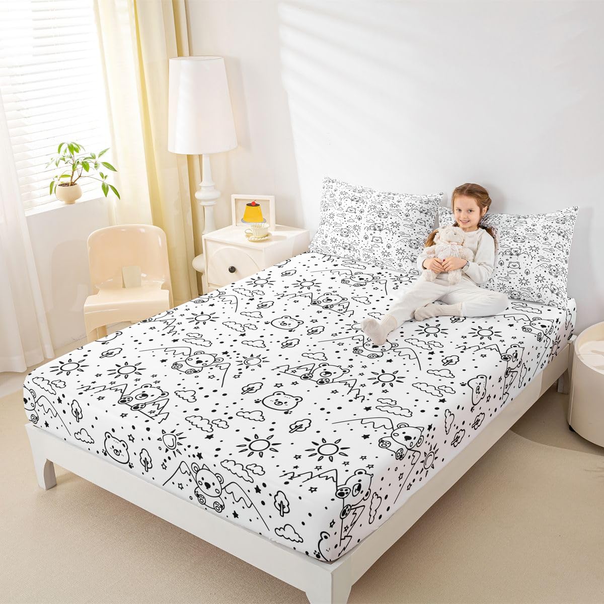 Loussiesd Drap Housse 180x200cm Mignon Ours Mignon Animaux Imprimered Drap-Housse Dessin animé Modèle pour Matelas Épais jusqu'à 30 cm Polyester Microfibre
