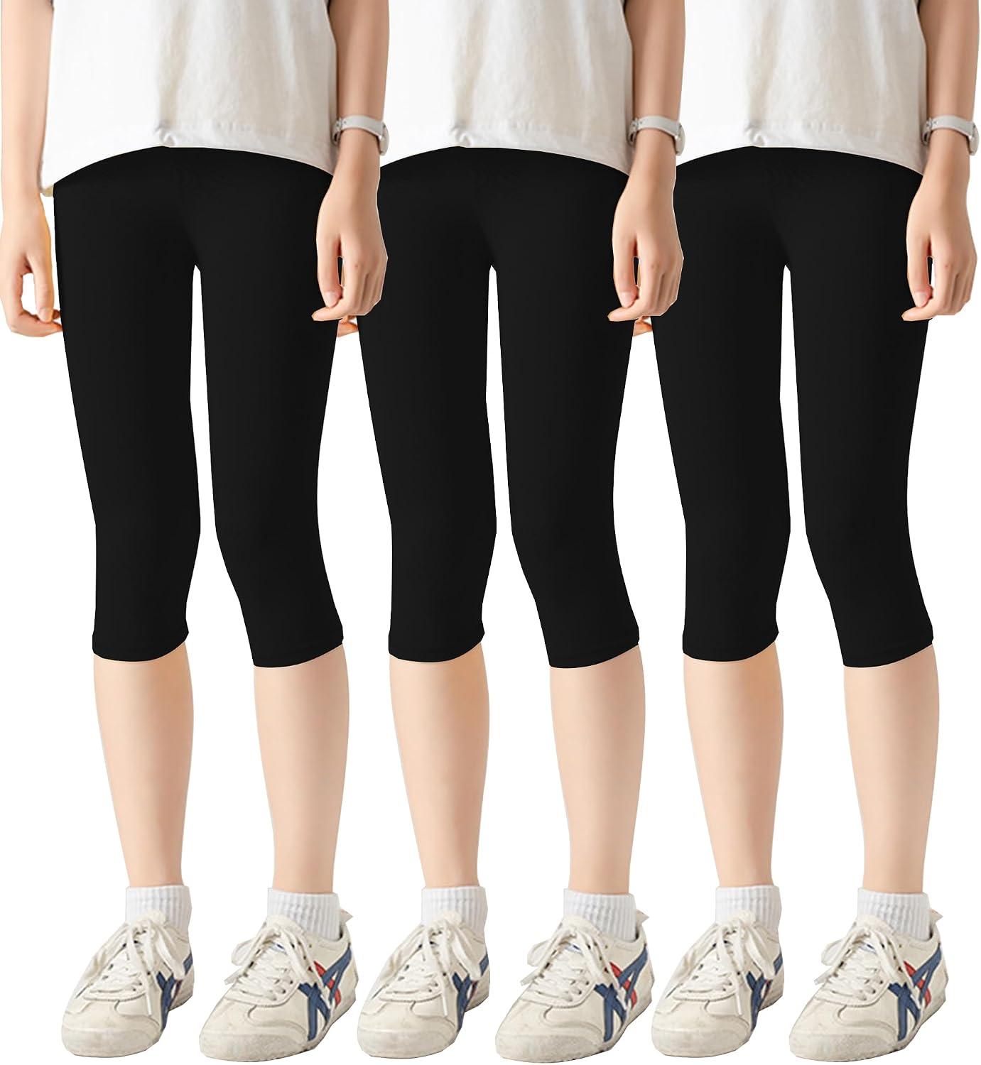 Kiench 3 Pack Girls Cotton Capri Leggings 3/4 Pants Kids Cropped Tights