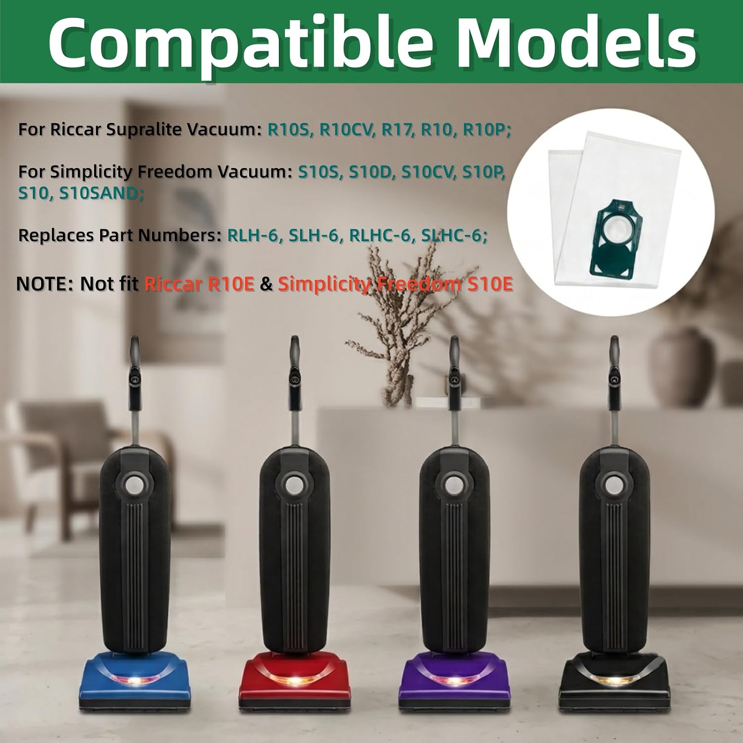 6 Pack RLH-6 SLH-6 HEPA Vacuum Bags for Riccar SupraLite Upright Vacuums