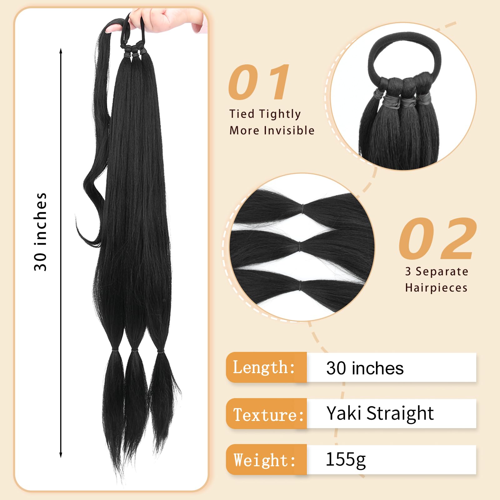 Gledola Long Braided Ponytail Extension 30 Inch Pre stretched Braiding Hair Extensions DIY Braid Ponytail Synthetic Hair Piece (Natural Black - Image 2
