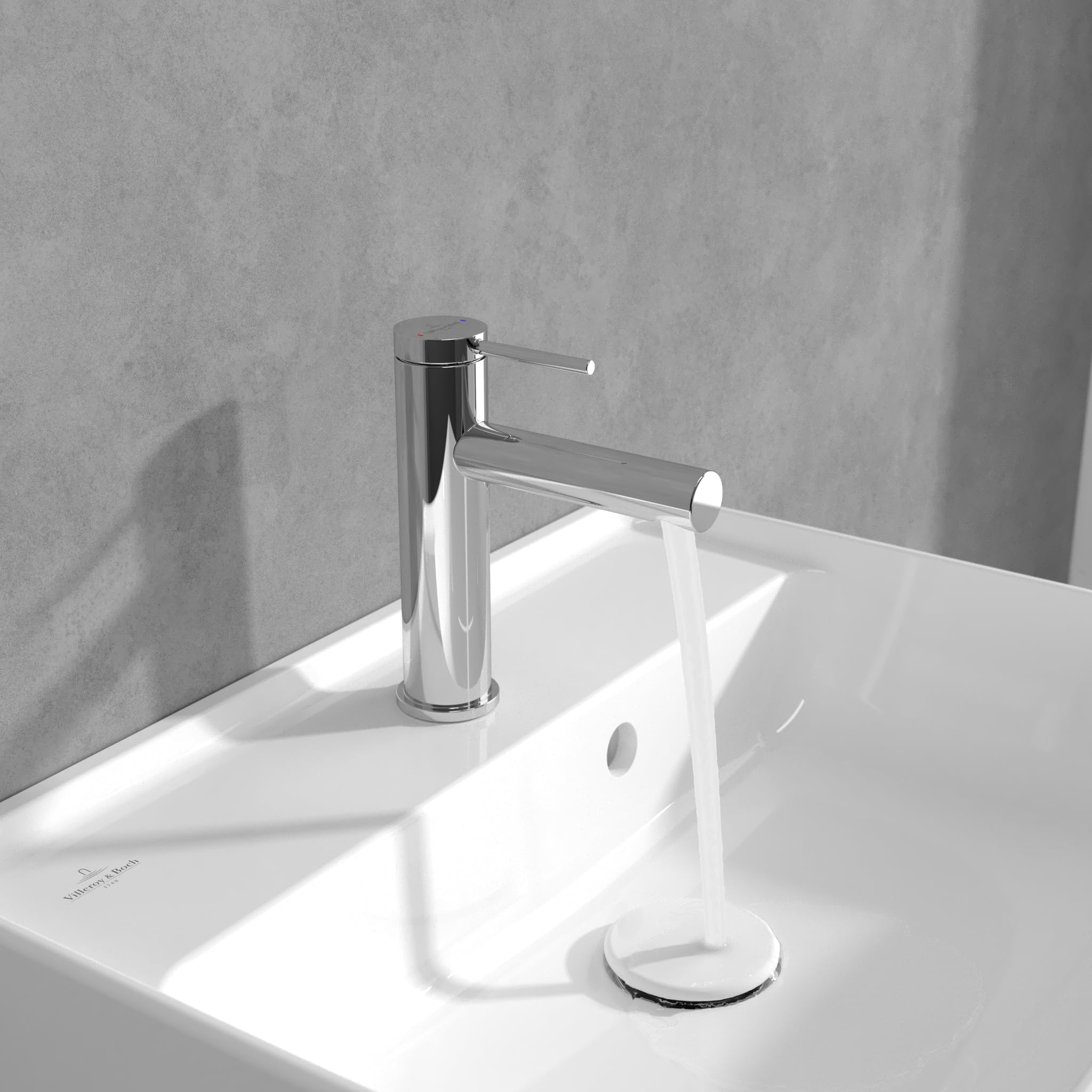 Mezclador de lavabo Villeroy & Boch Loop & Friends, sin tapón, grifo de baño con cartucho cerámico, grifo de lavabo ahorrador de agua, altura de pico 106 mm, redondo, cromado