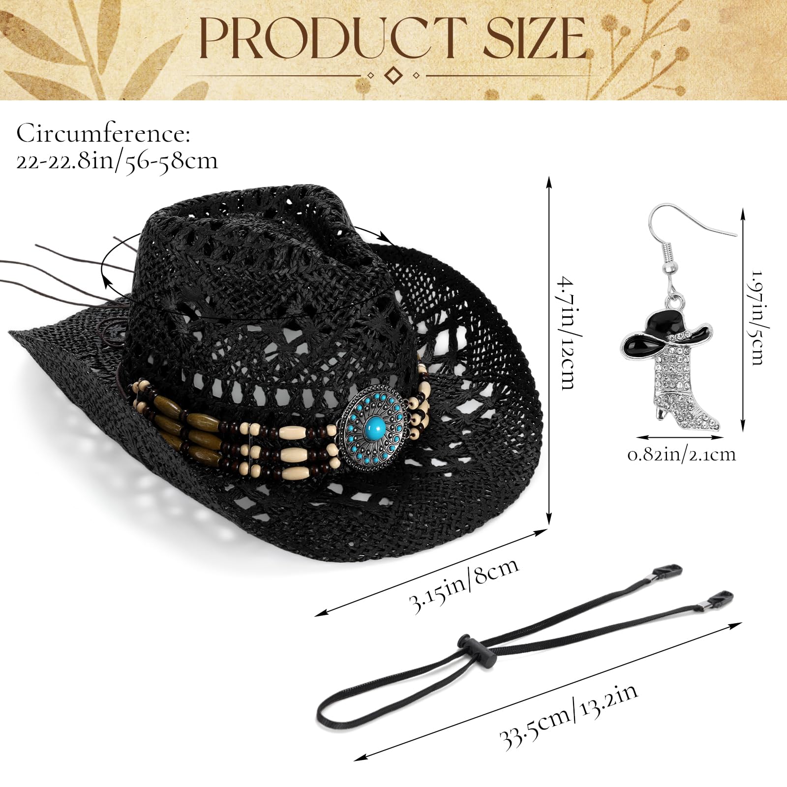 Cappello da cowboy in paglia da donna, cappello da cowgirl occidentale con orecchini a stivale, cappello estivo da spiaggia