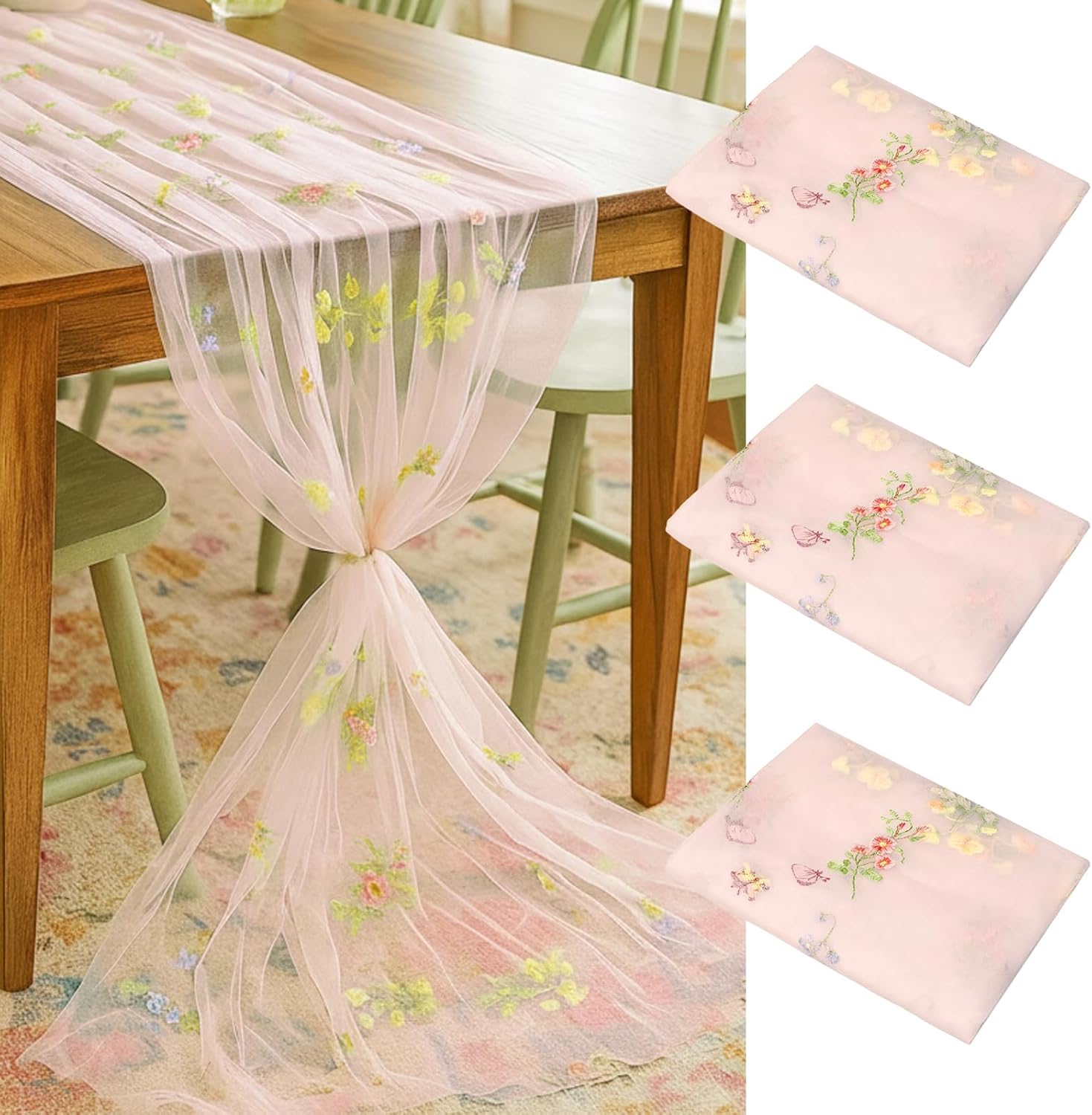 Lounsweer 3 Pcs Wildflower Table Runner 10ft/ 29 Inch x 120 Inch White Embroidery Wildflower Spring Summer Tulle Lace Runner DIY Table Decor for Wedding Party Baby Shower Holiday Dining (Apricot)
