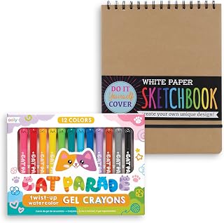 Ooly Cat Parade Gel Crayons for Kids and Adults - Set of 12 & DIY Cover Large Sketchbook, 8 x 10.5 Inches, White Paper Sketchbook, Drawing Book for Kids