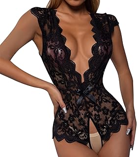 Women Lingerie Hollow Out Floral Lace Scallop Trim One-Piece Lingerie Bodysuit Teddy Bodysuit Babydoll (Black, XL)
