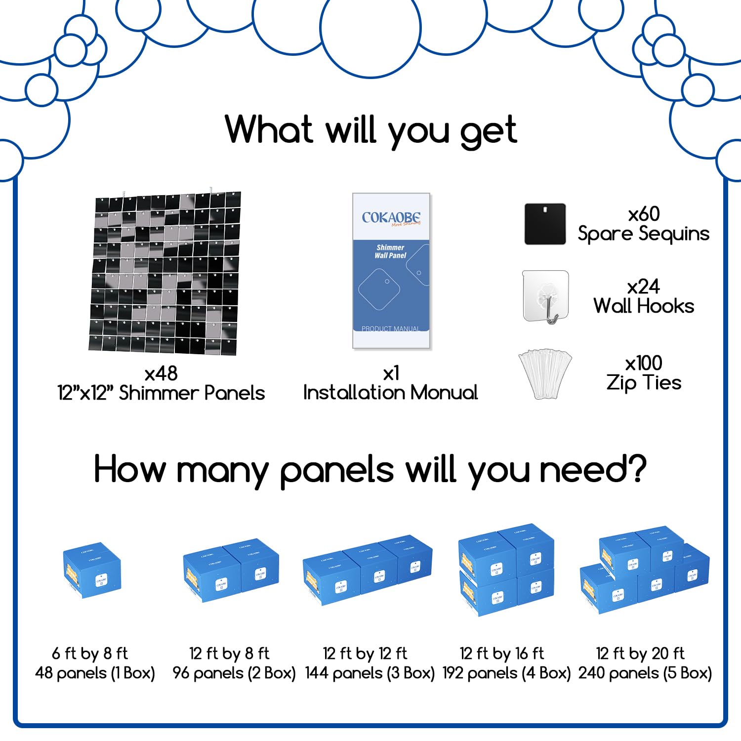 COKAOBE Black Shimmer Wall Backdrop, 48PCS Square Sequin Shimmer Backdrop Panel, Photo Backdrops for Birthday, Anniversary, Wedding, Graduation & Bachelorette Party Decoration