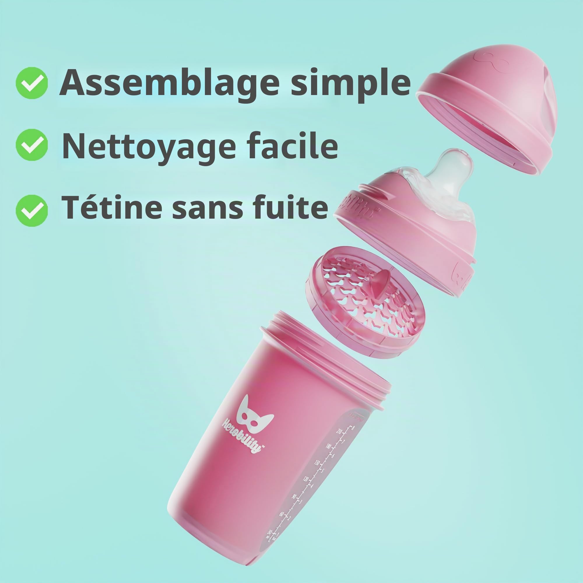 Biberons doubles anti-coliques Herobility – 8.5 fl oz/240ml – Lot de 4 – Biberons multicolores – Weiß, Grau, Rosa, Weißdornrose