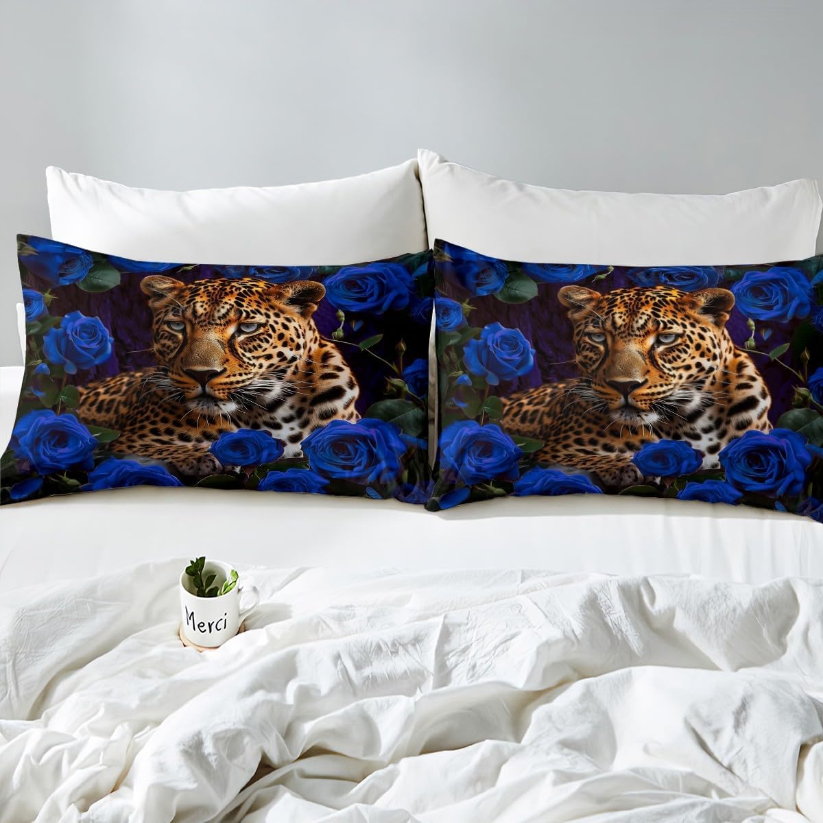 3D Cheetah Pattern Duvet Cover Set Toddler Size,Blue Rose Bedding Set for Kids Boys Girls Room Decor,Leopard Print Comforter Cover,Wild Animals Quilt Cover with 1 Pillowcase(No Comforter)