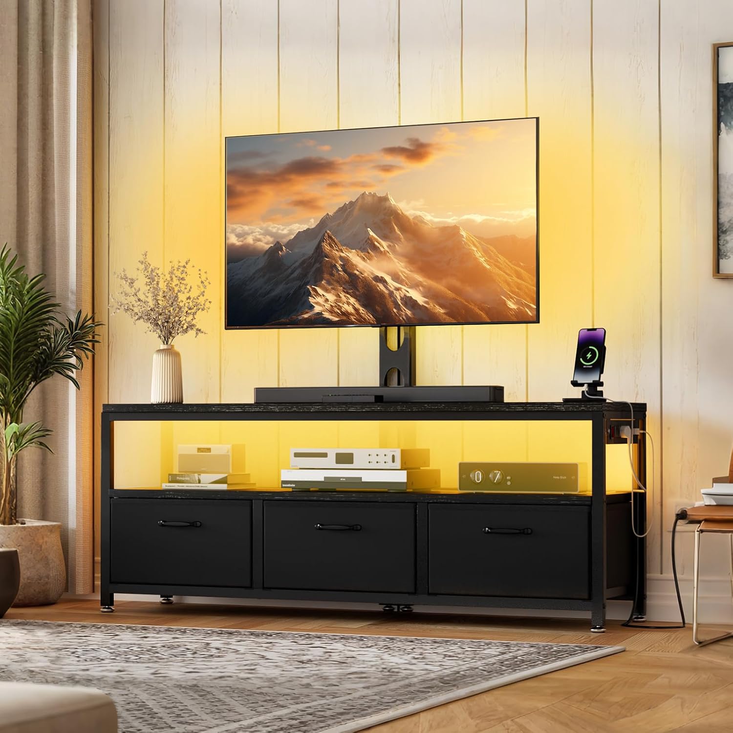 JUSTOGO TV Stand with Mount and Power Outlet, TV Stand Mount with Storage for Living Room, Entertainment Center with LED Lights for 45/55/60/65 inch, Height Adjustable Media Console, Black - Image 7
