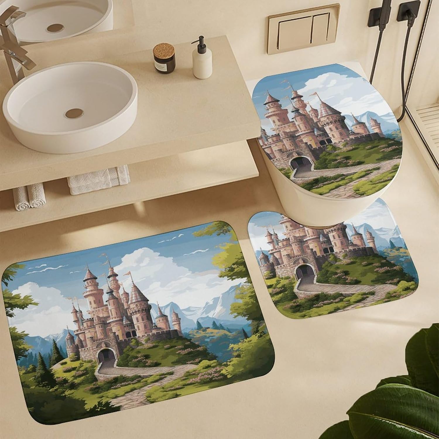Fairy Tale Castle 4Pcs Shower Curtain Set with Non-Slip Rugs, Toilet Lid Cover and Bath Mat,Bathroom Set Decor Accessories,Curtain Set with 12 Hooks, 72 X 72 Inch