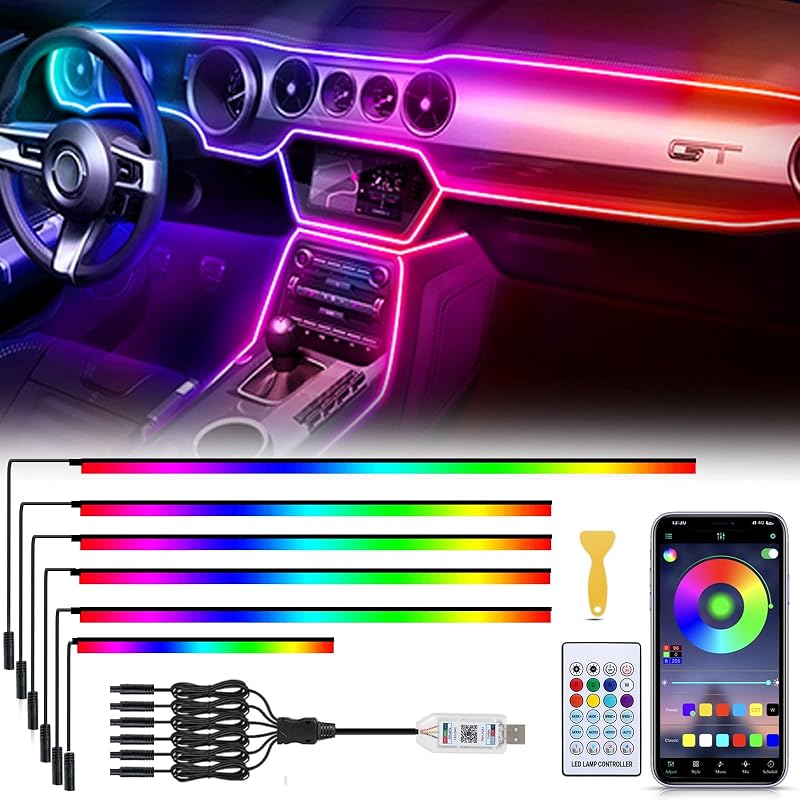 Acrylic 6 in 1 Car LED Lights Interior, RGB Ambient Lighting Car 584 LEDs | 16 Million Colors, APP Control, MusicSync Interior Car Lights for Women Men