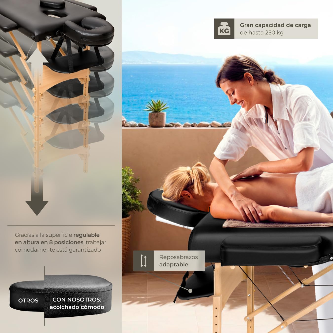 tectake® Camilla Masaje Plegable de Aluminio, Camilla Profesional para Fisioterapia, Quiromasaje, Tatoos, Reiki, Altura Ajustable, 3 Zonas, con Bolsa Transporte - Negro