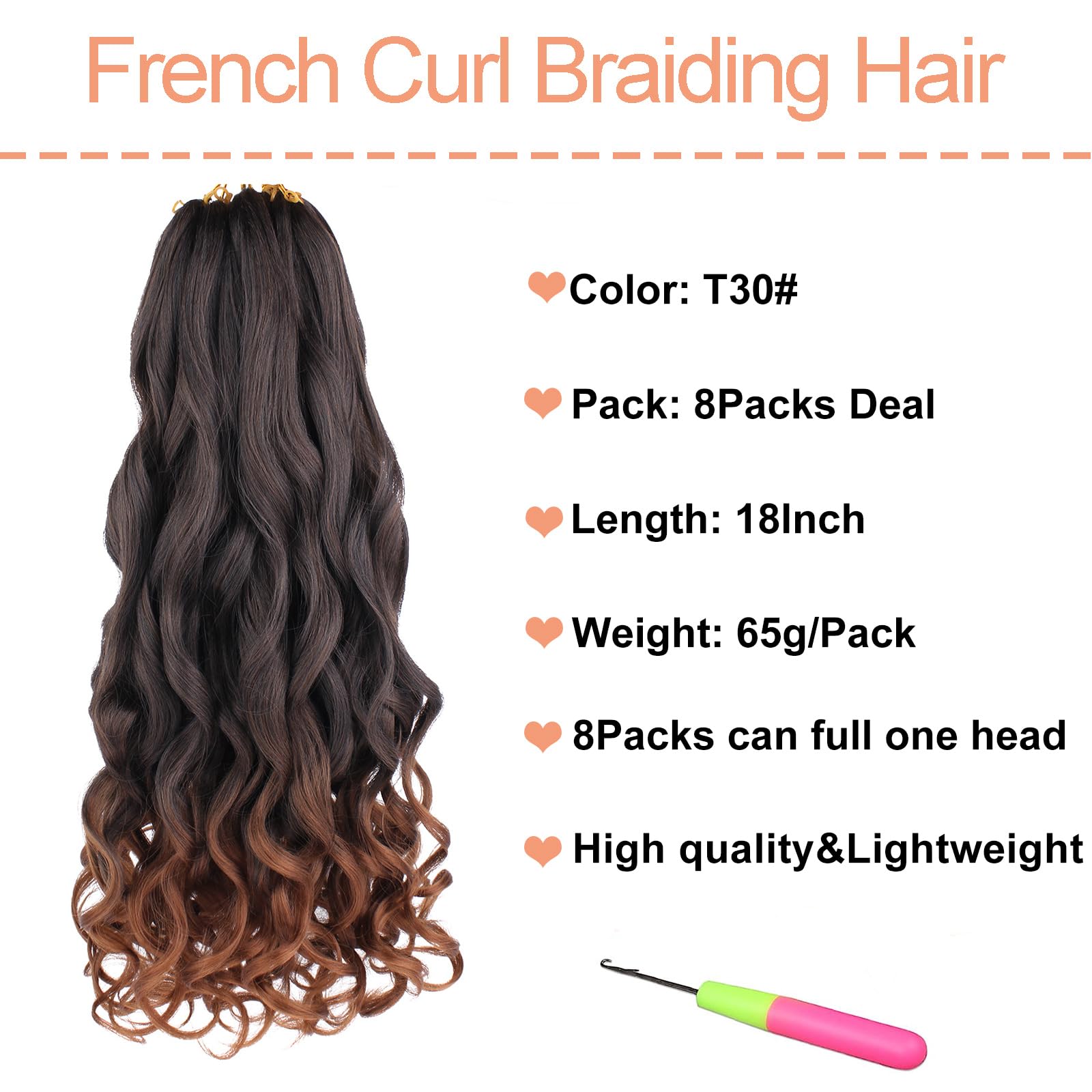 Mscat 18 Inch 8 Packs Pre Stretched French Curly Braiding Hair Loose Wave Bouncy Hair Extensions T30#, 18 Inch (Pack of 8) - Image 2