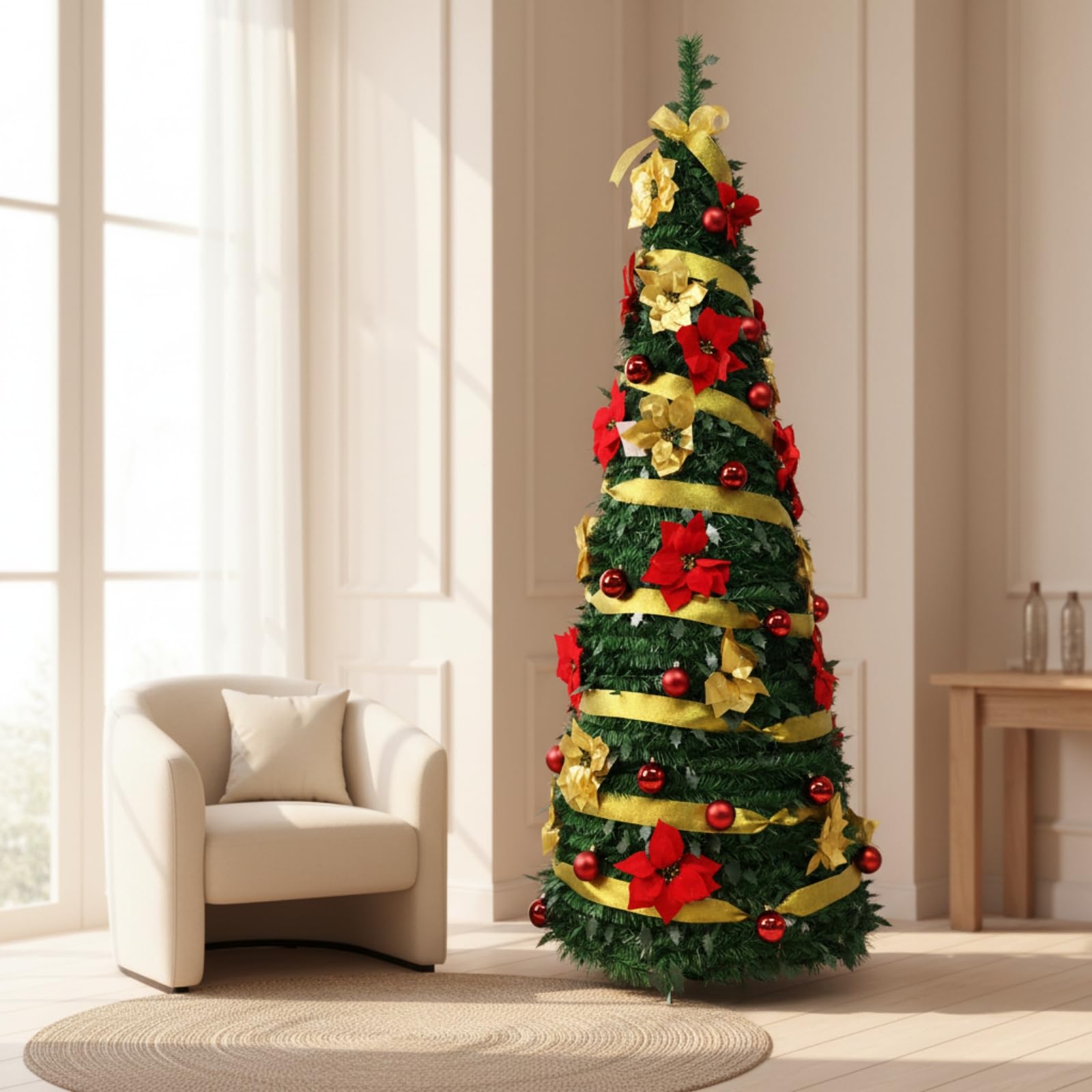 Buschig Künstlicher Weihtsbaum, 120cm Höhe 40cm Baumbreite | Geschmückt, Weihtsbaum mit Christbaumschmuck, Christbaum, für Schaufenster
