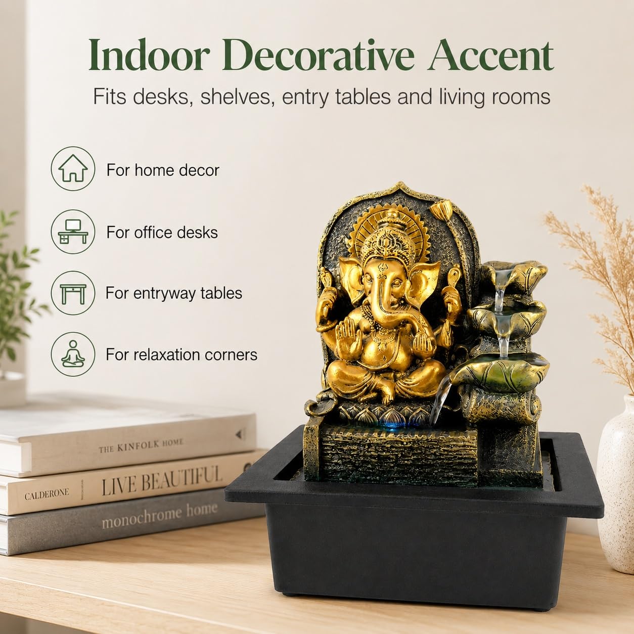 Ganesha Fuente de mesa, fuente de cascada interior de 11 pulgadas con luz LED, decoración de flujo de agua de hojas escalonadas para escritorio, oficina en casa