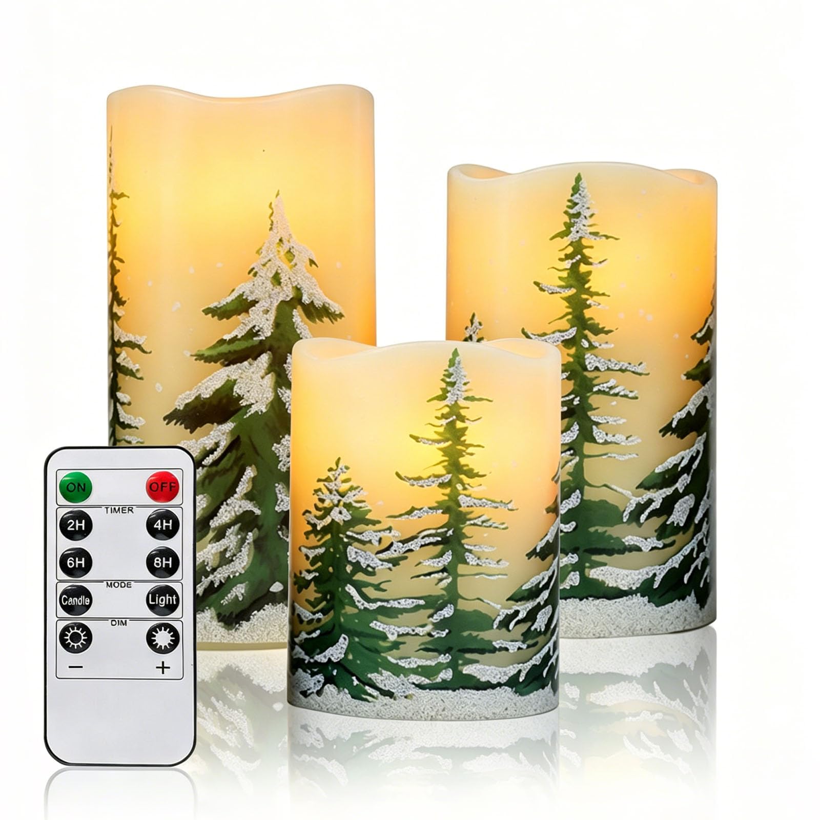 LED Flameless Candles with Snowy Pine Tree Design, 3Pcs Battery Operated Flickering Pillar Candles with Remote, Winter Forest Scene Electric Candles for Christmas Decor & Gifting (White-Pine tree)