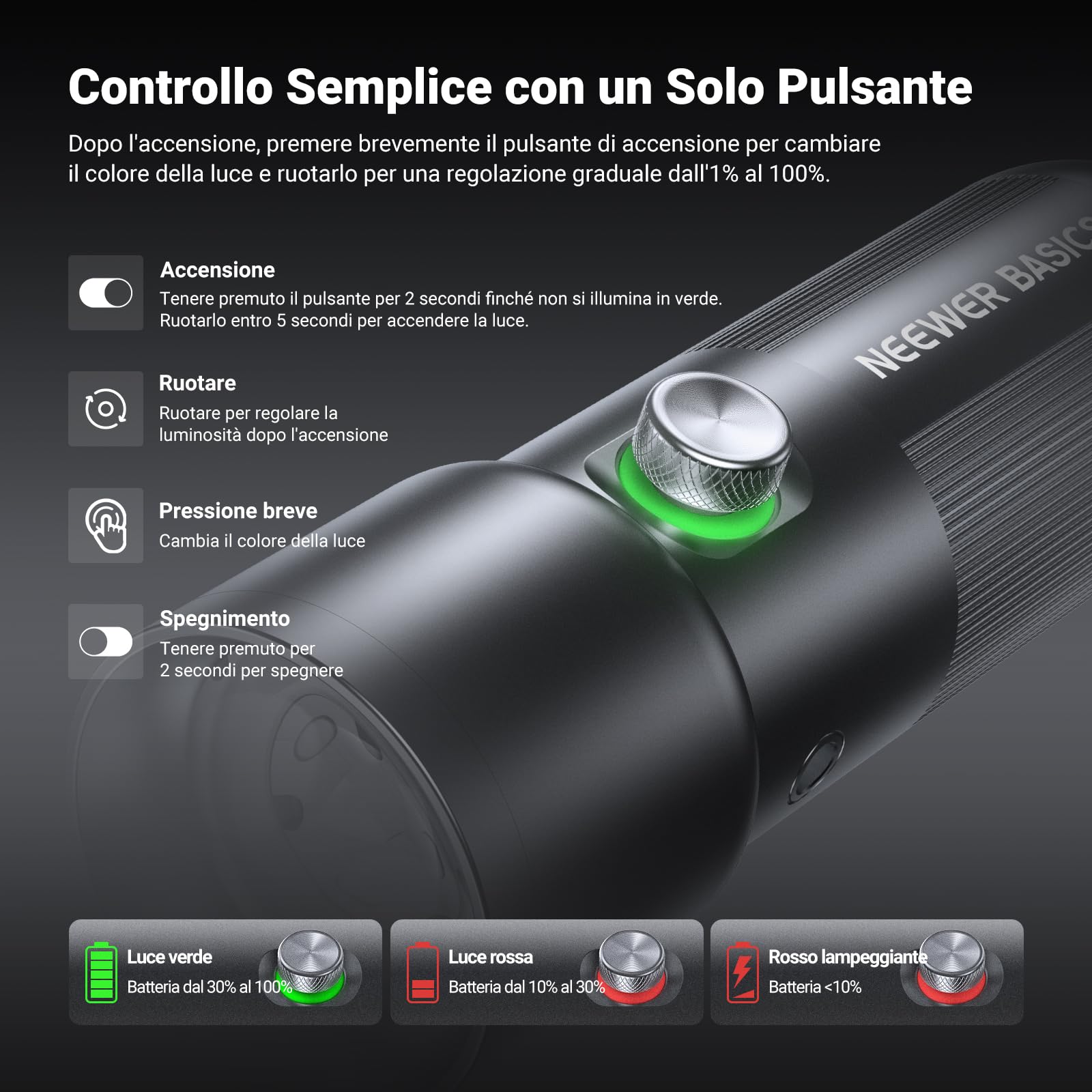 NEEWER BASICS Torcia Fotografica RGB con 4 Colori/20 Filtri Gobo/7500mAh, 10W Faretto Video LED Portatile, Luce Ambientale al Tramonto in Lega Alluminio per l'Illuminazione Studio Riprese Video, FL10