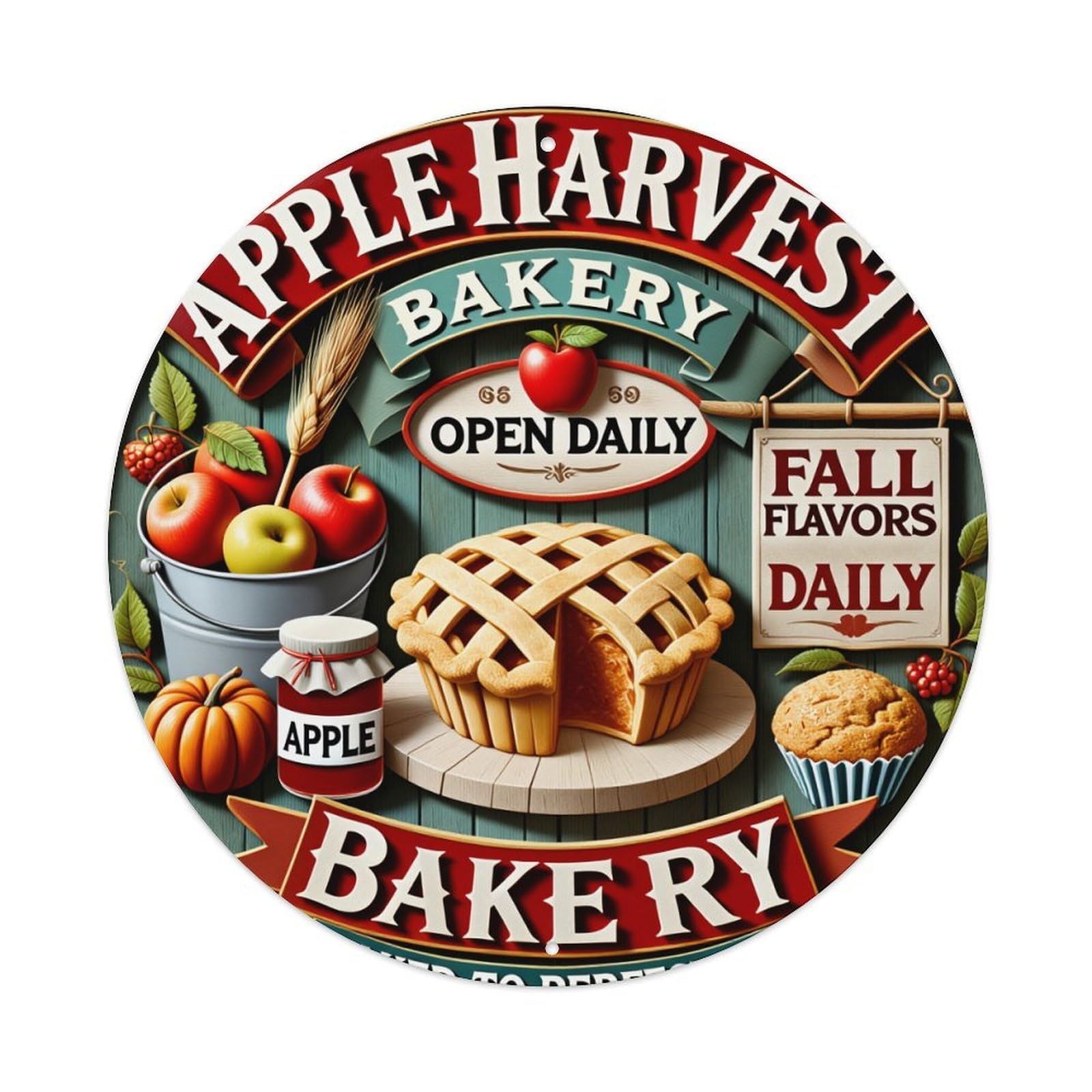 Apple Harvest Bakery Sign Round Tin Sign Vintage Metal Poster, Home Bar Garage Man Cave Cafe Indoor & Outdoor Wall Decoration 8x8Inches