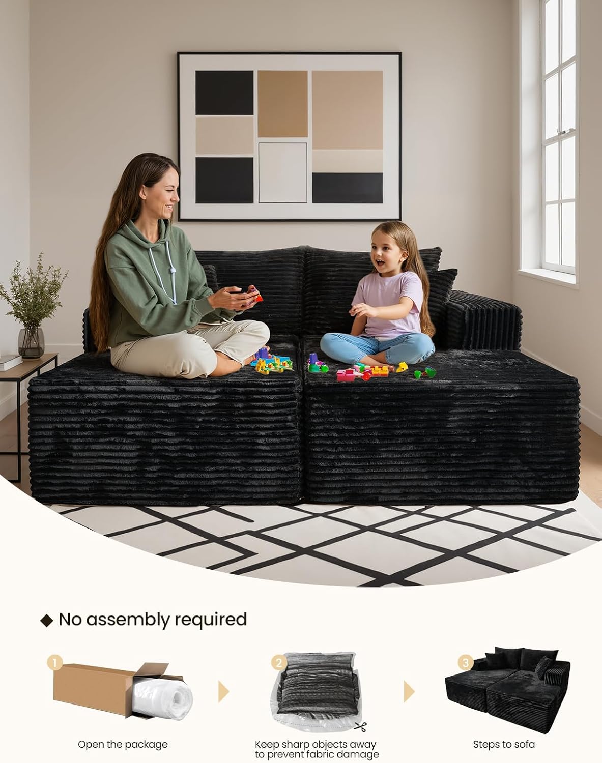 Boneless Double Chaise Lounge, Oversized Loveseat Cloud Couch Indoor, No Assembly Required Sofa Bed, Plush Sleeper Sofa Chair with Throw Pillows & Wide Armrest for Living Room Bedroom, Black