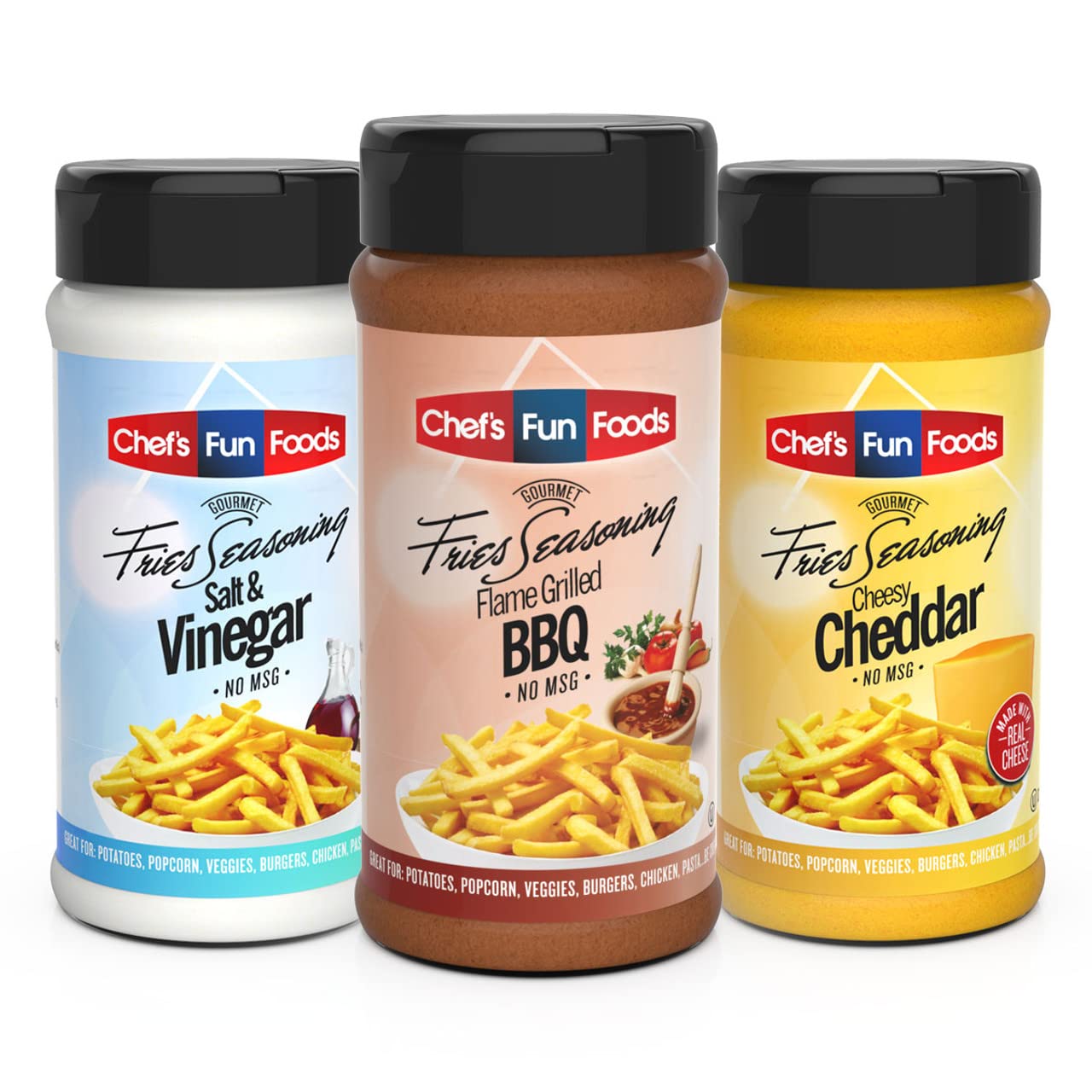 Chef's Fun Foods - Gourmet Food Seasonings | Kosher Food for Restaurants and Home Cooks |Salt & Vinegar, Flame Grilled BBQ, Cheesy Cheddar Combo