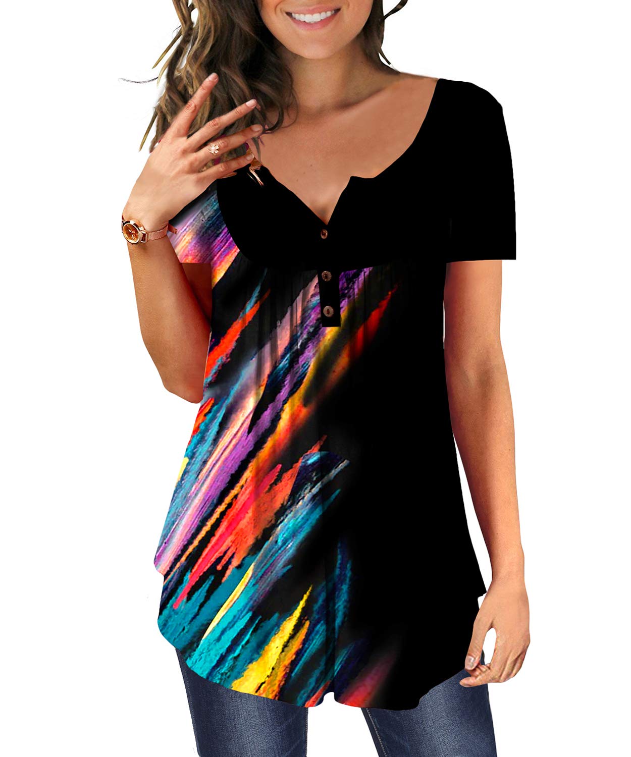 MAYAMANG Women's Floral Tunic Tops Casual Blouse V Neck Short Sleeve Buttons Up T-Shirts