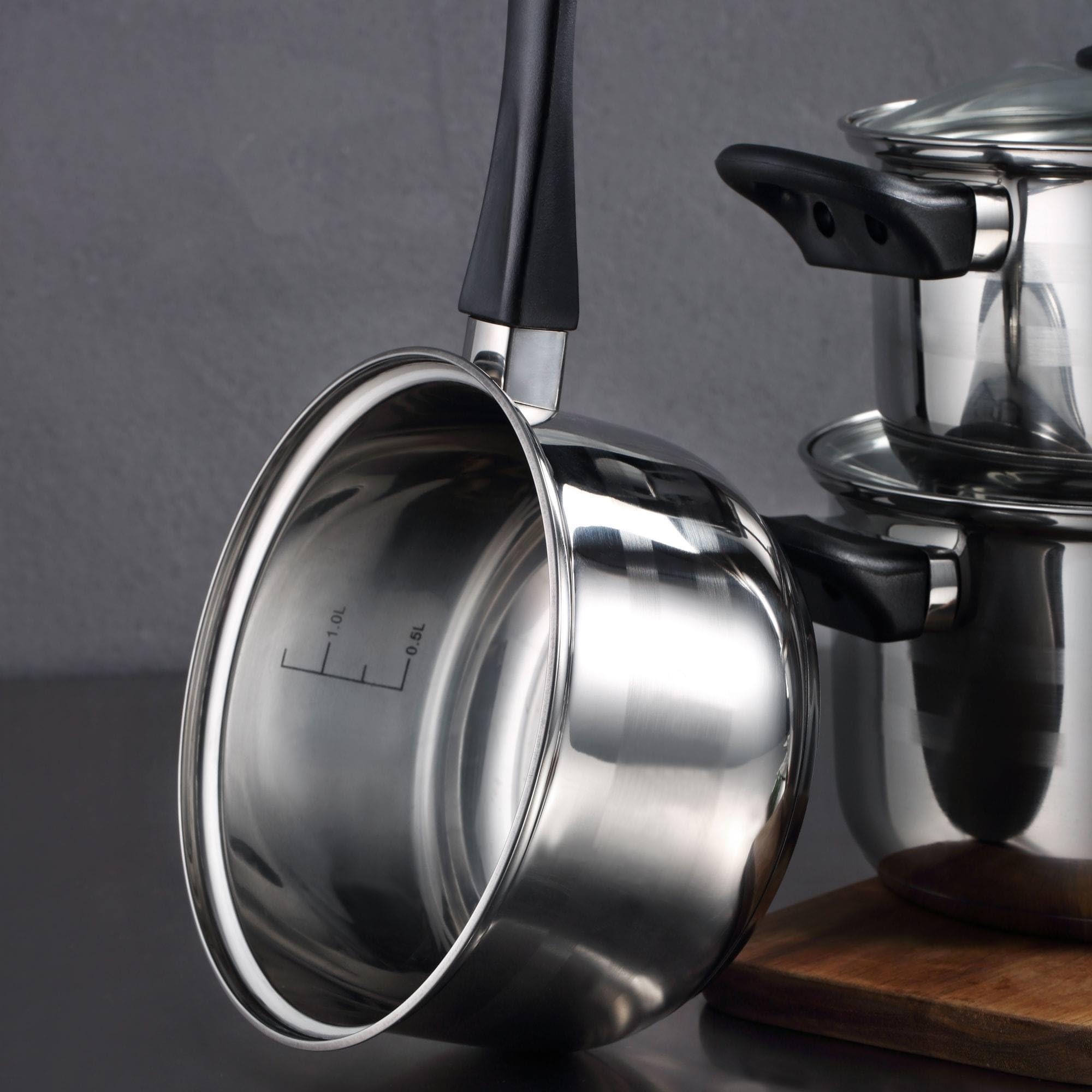 Well Home Pack Batería de cocina 5 Piezas en acero inoxidable + Sartenes Ø16Ø20Ø24Ø28cm Aluminio prensado Cobre metalizado